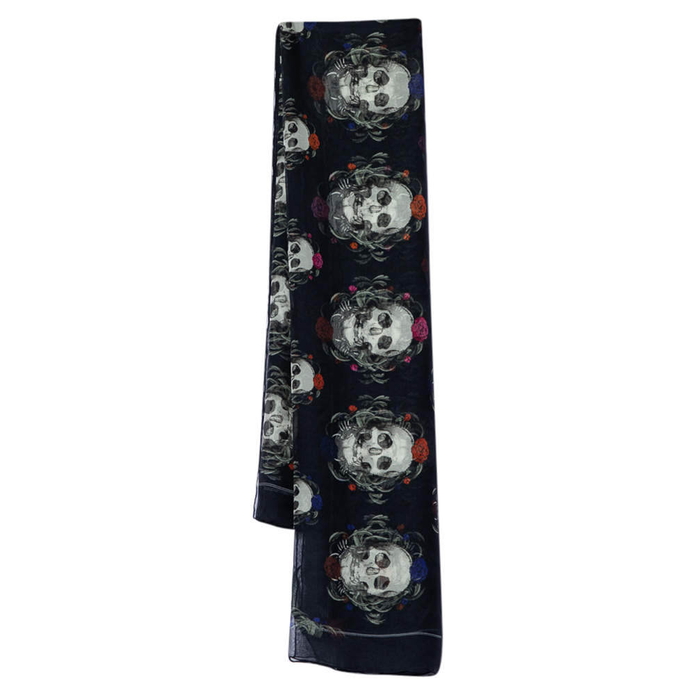 Alexander McQueen Grey Floral Skull Print Silk Scarf