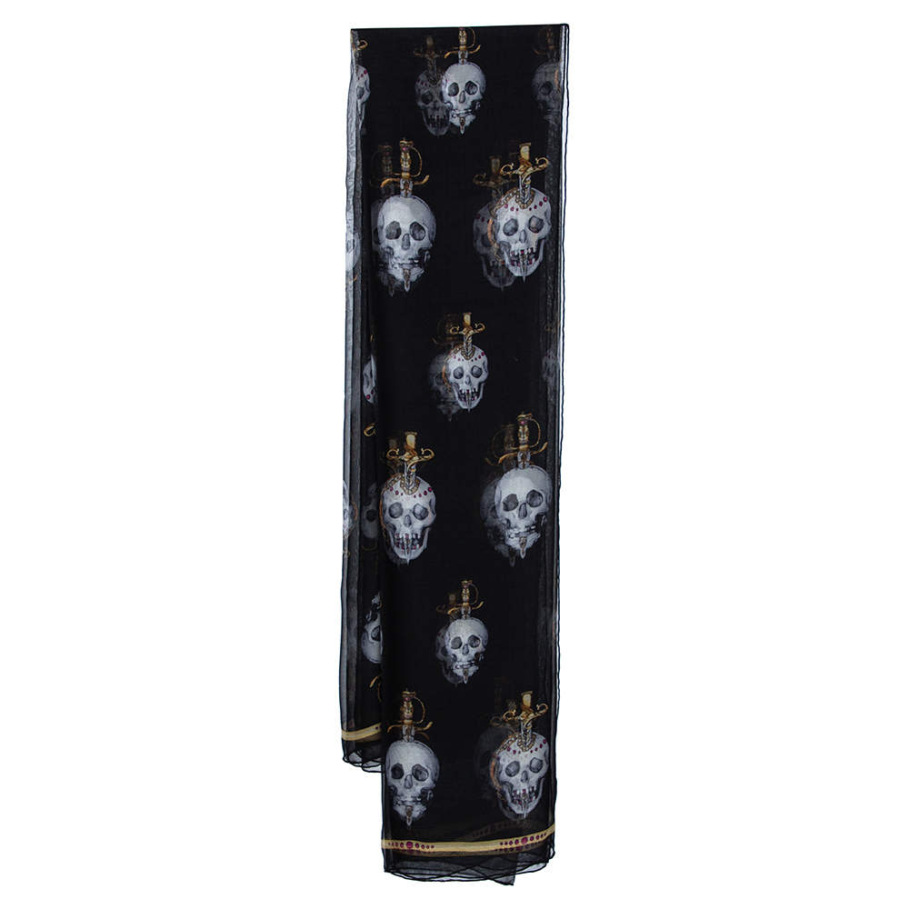 Alexander McQueen Black Skull Sword Print Silk Scarf