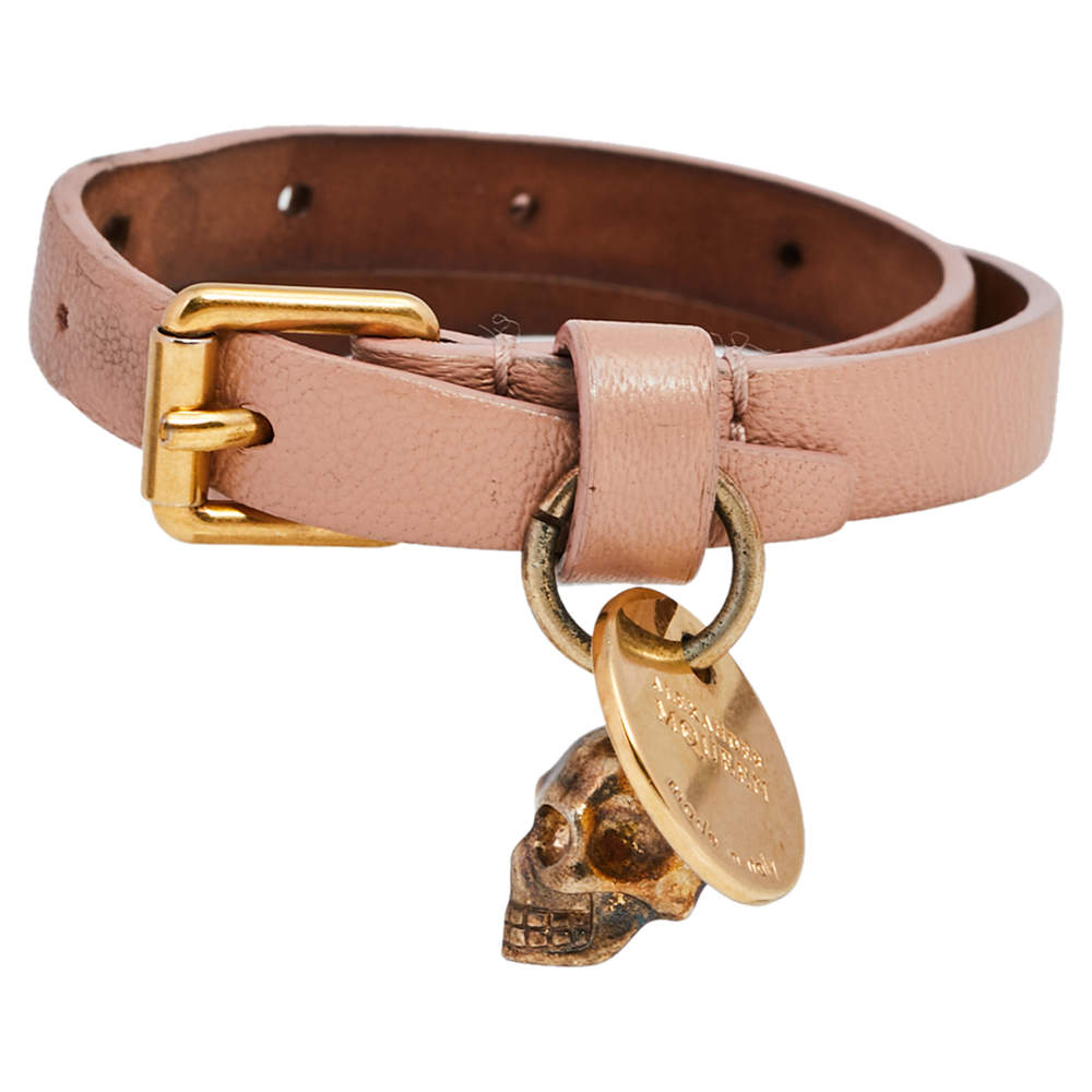 Pre Owned Alexander McQueen Skull Charm Pink Leather Gold Tone Double Wrap Bracelet 