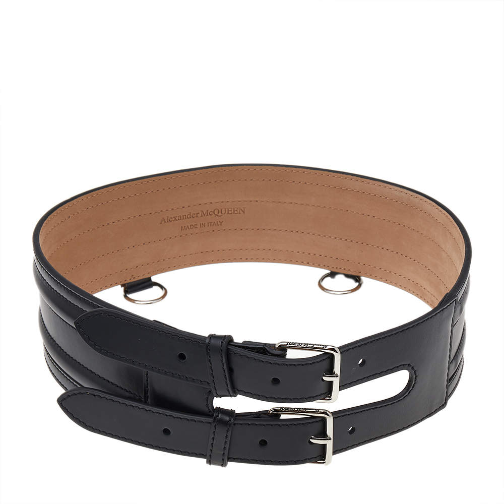 مملوكة مسبقًا Alexander McQueen Black Leather Double Buckle Waist Belt 70CM