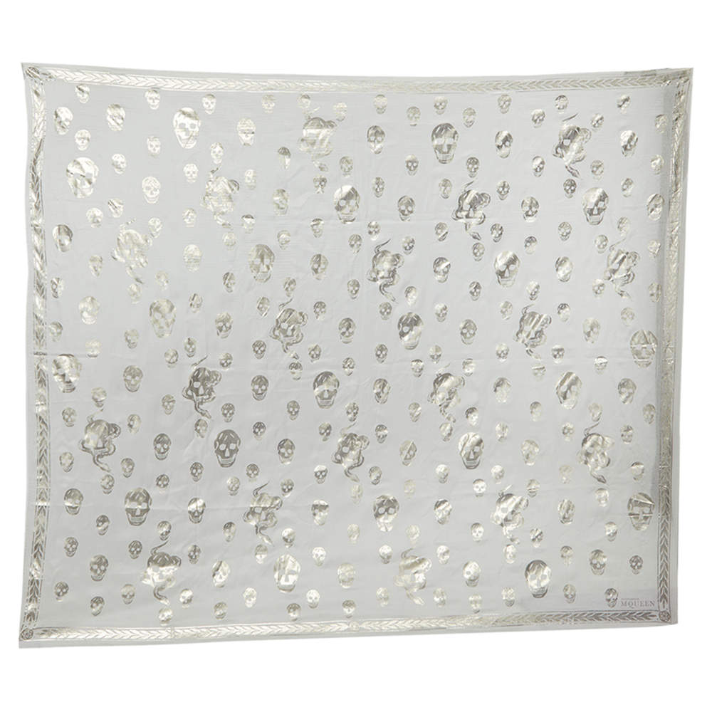 Pre Owned Alexander McQueen Off White Skull Printed Silk Scarf