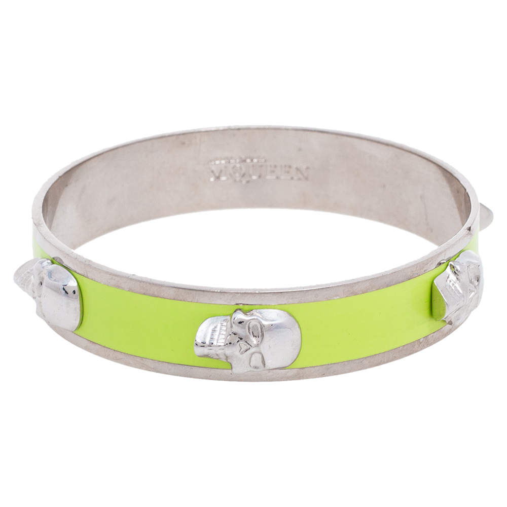 Alexander McQueen 3D Skull Neon Green Gold Tone Bangle Bracelet 
