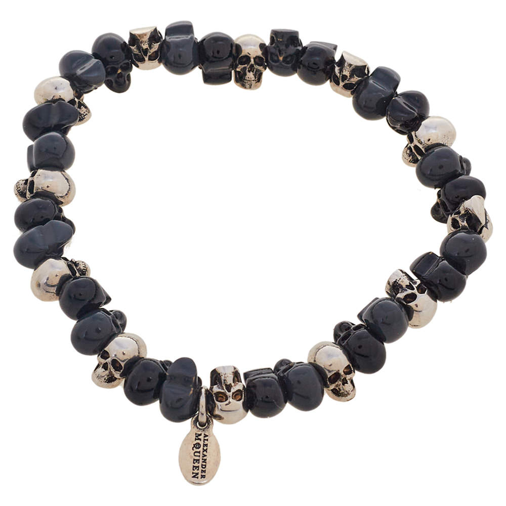 Pre Owned Alexander McQueen Brass Anthracite and Silver Tone Metal Stretchable Bracelet