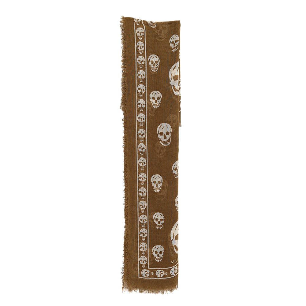 Alexander McQueen Olive Green Skull Print Modal Blend Scarf