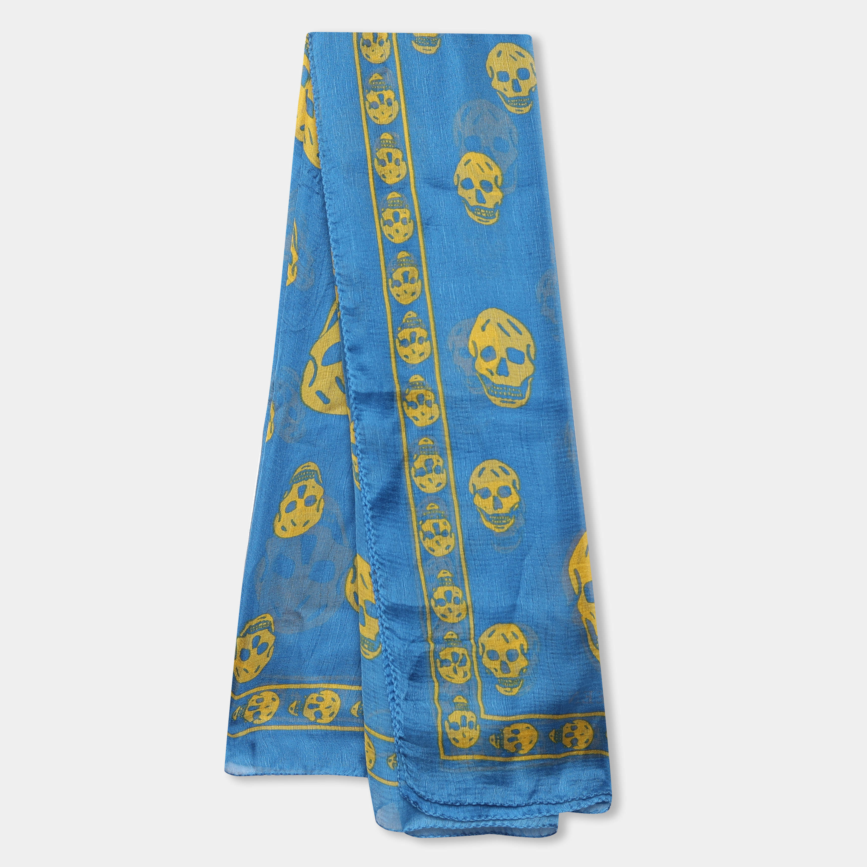Pre Owned Alexander McQueen Blue & Yellow Skull Print Crepe Silk Scarf