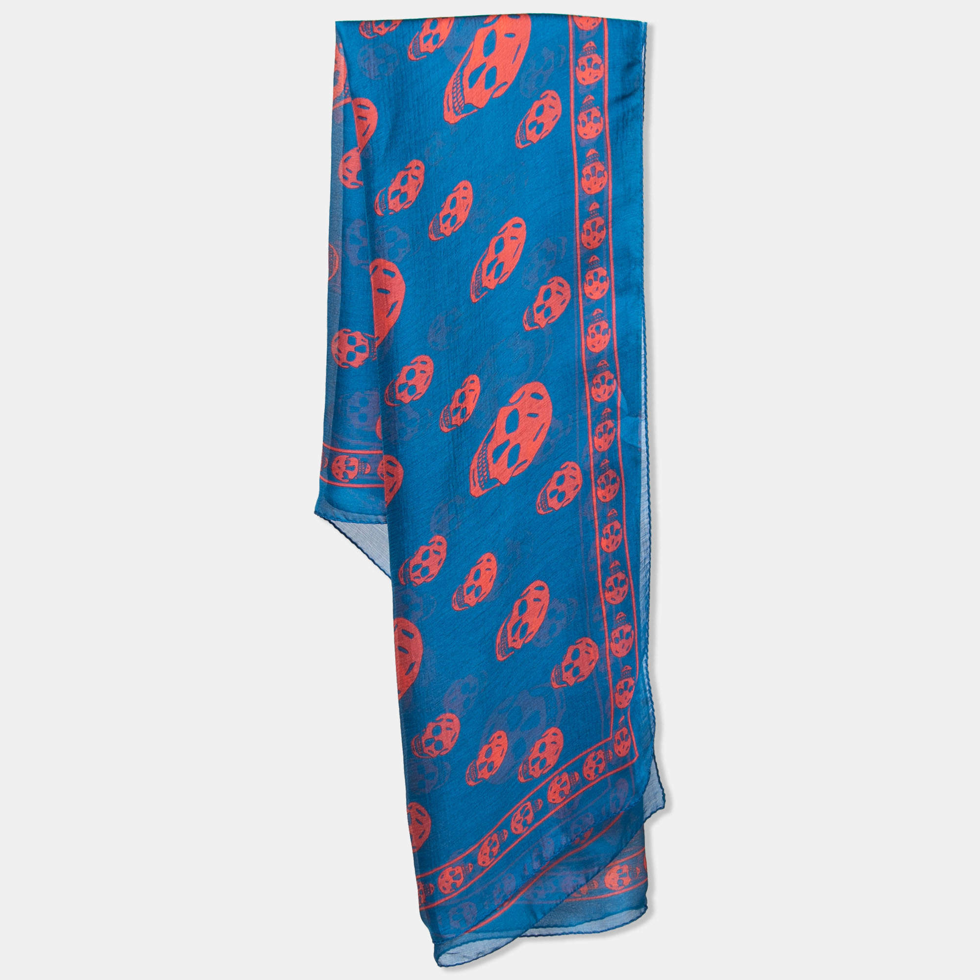 Pre Owned Alexander McQueen Royal Blue & Red Skull Silk Chiffon Scarf
