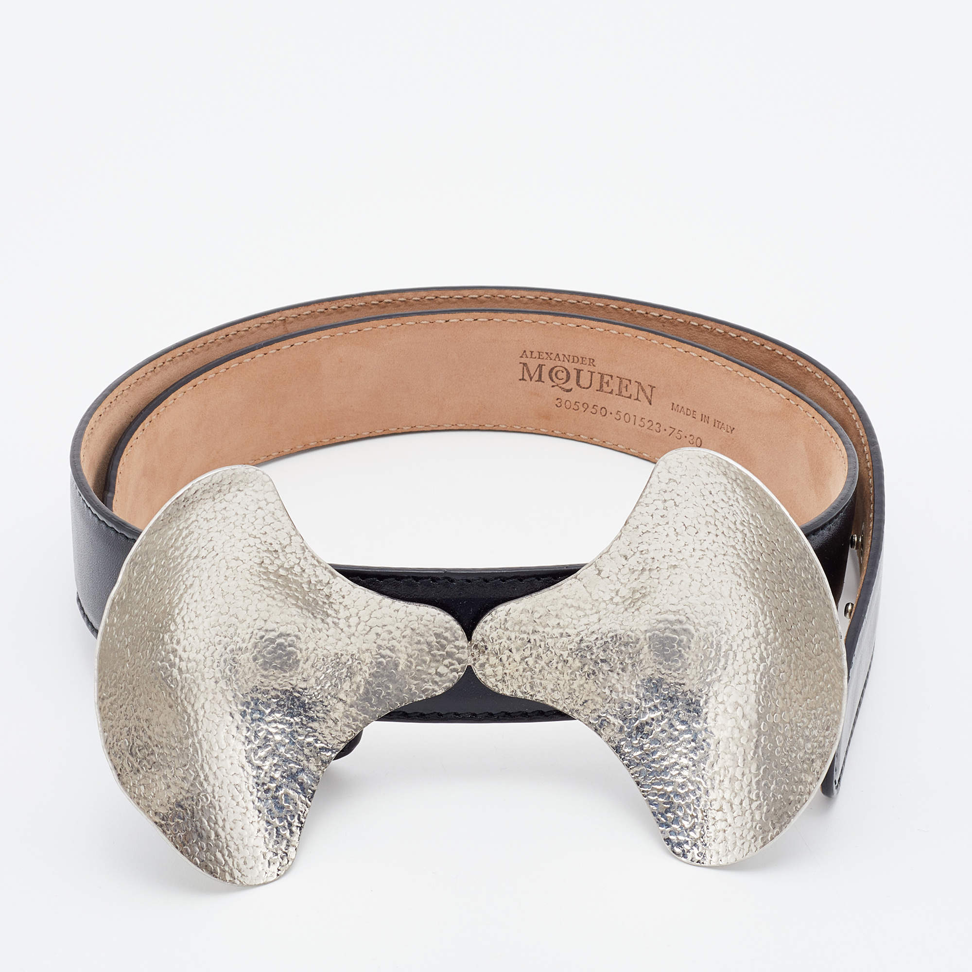 Pre Owned Alexander McQueen Black Leather Sculptured Metal Bow Belt 75CM