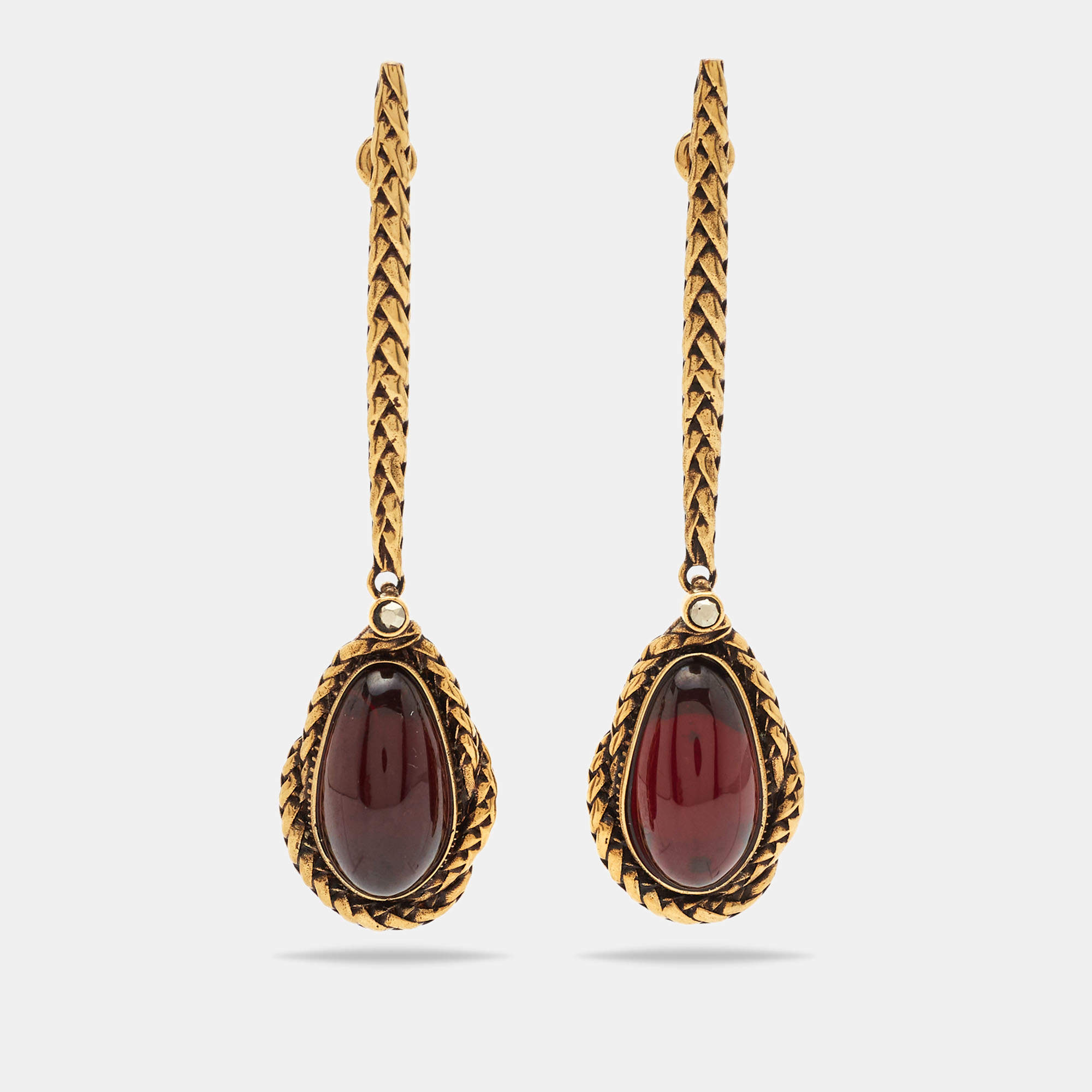 Pre Owned Alexander McQueen Aged Gold Tone Red Teardrop Earrings