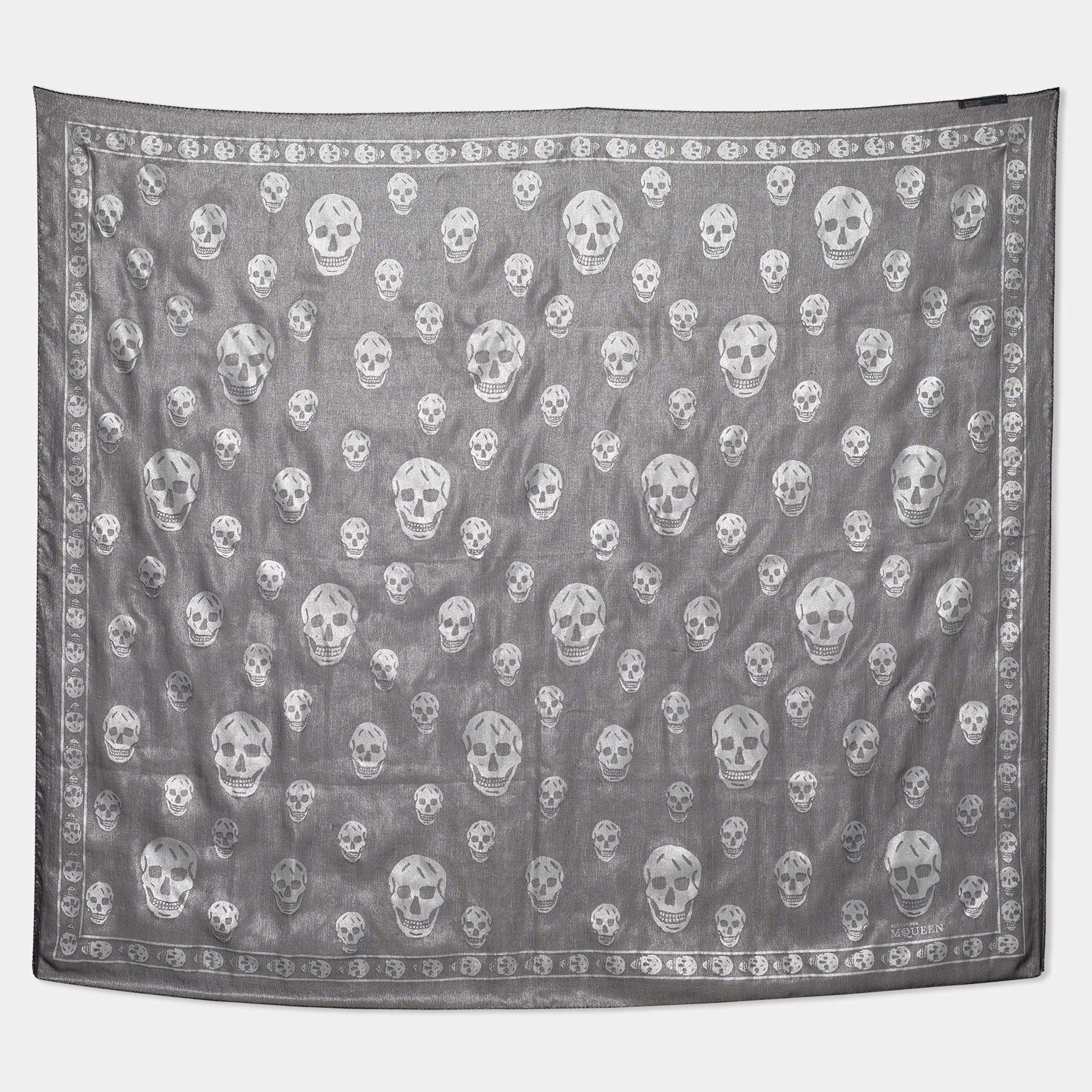 Pre Owned Alexander McQueen Black Skull Printed Lurex Silk Scarf