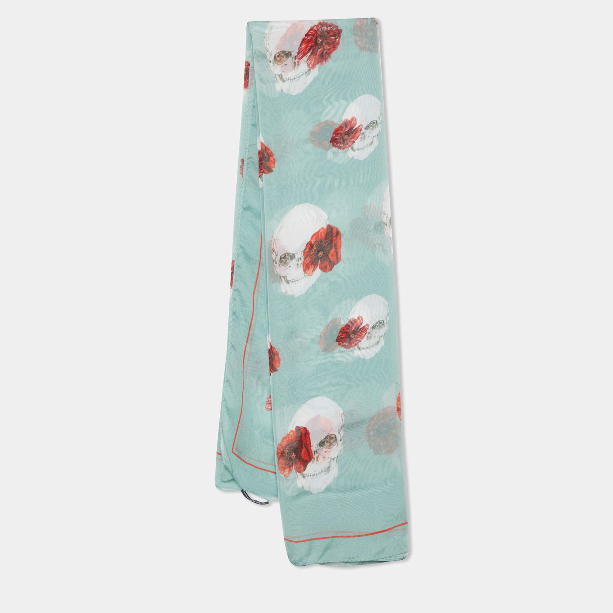 Alexander McQueen Pastel Green Skull & Floral Printed Silk Square Scarf
