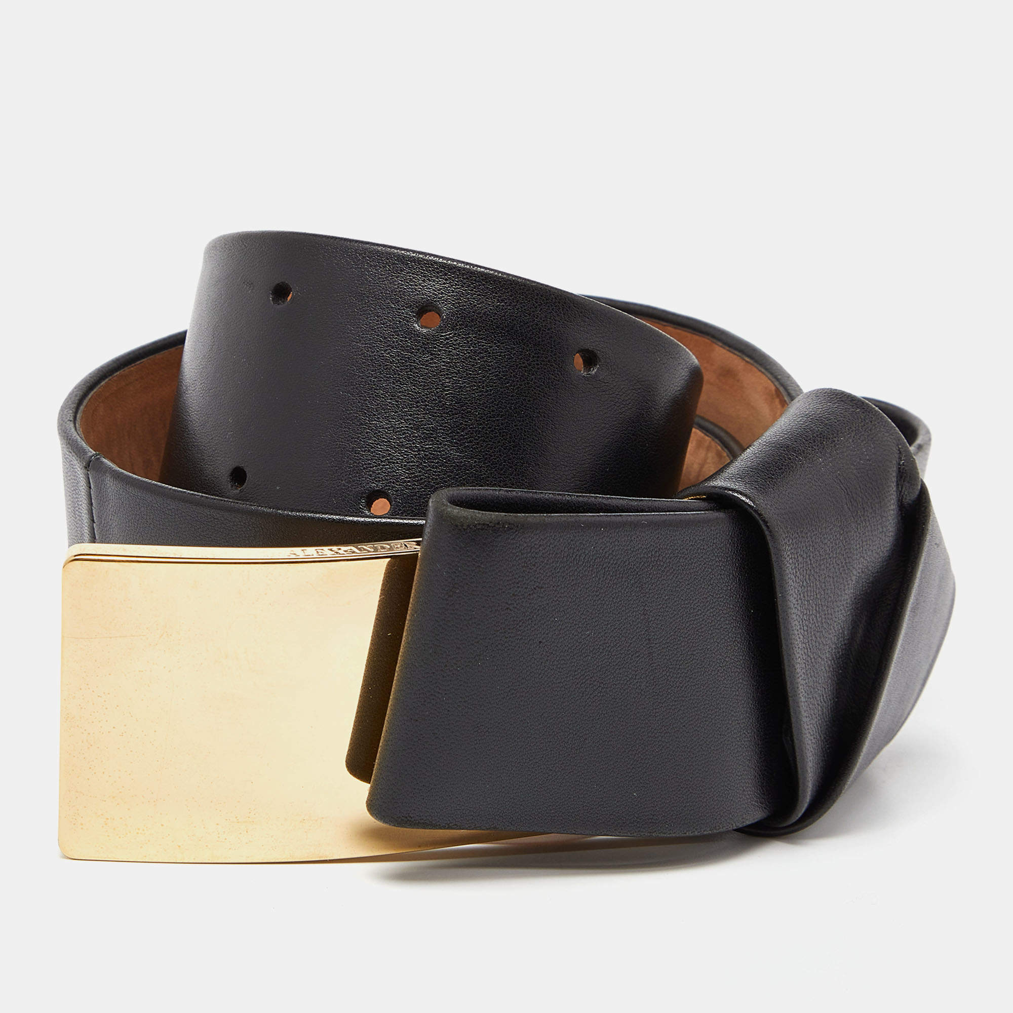 Pre Owned Alexander McQueen Black Leather Wide Waist Belt 70CM