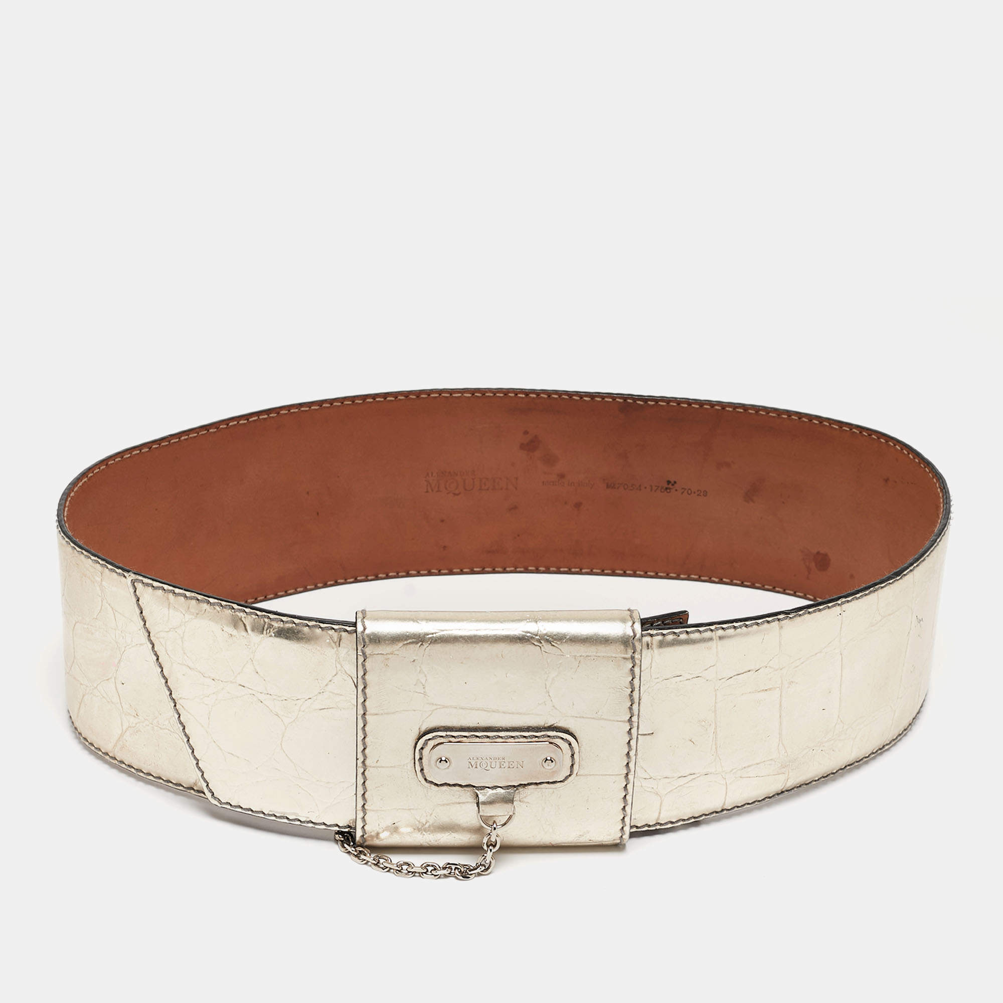 Pre Owned Alexander McQueen Light Gold Croc Embossed Leather Logo Wide Waist Belt