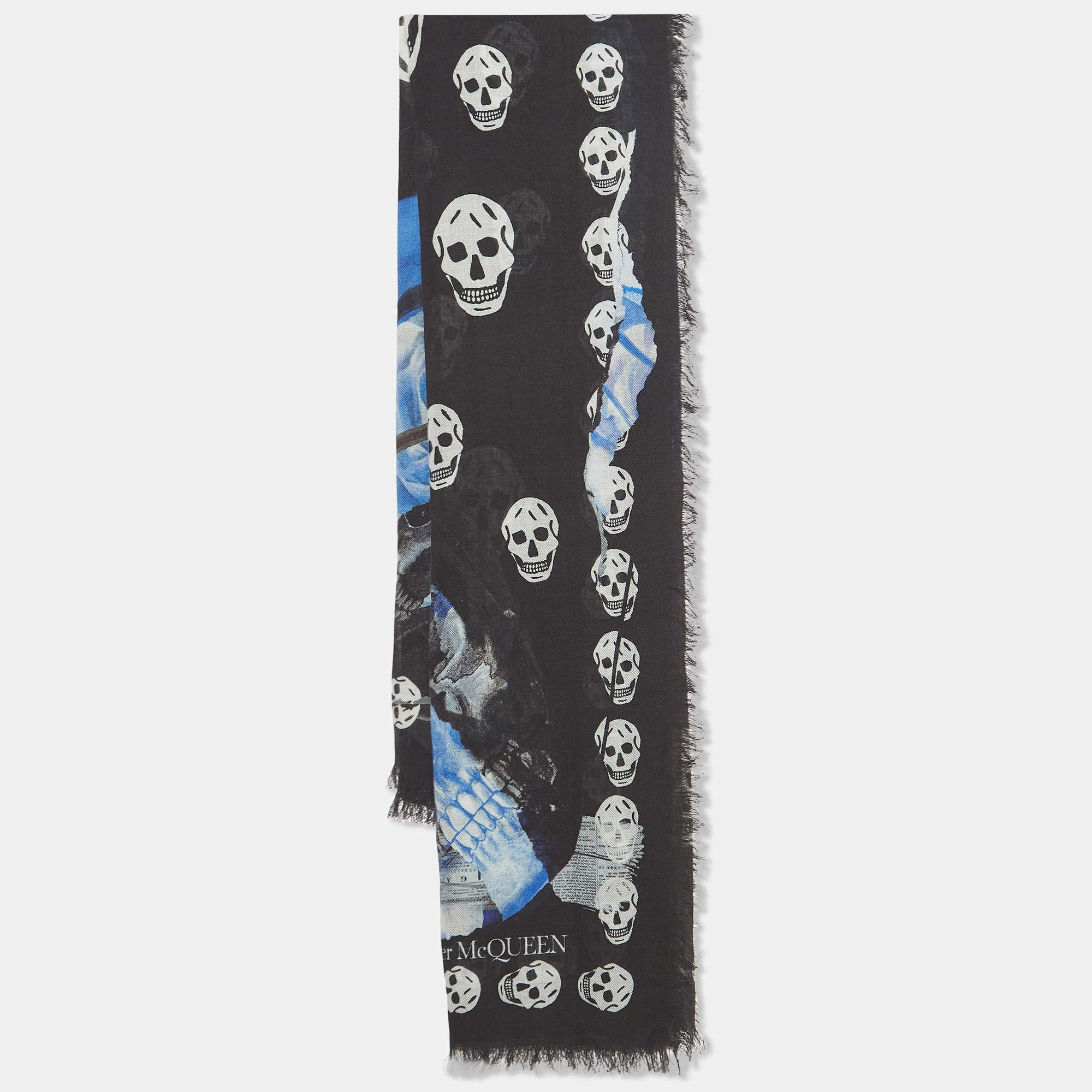 Pre Owned Alexander McQueen Black Rose Skull Print Wool & Modal Scarf