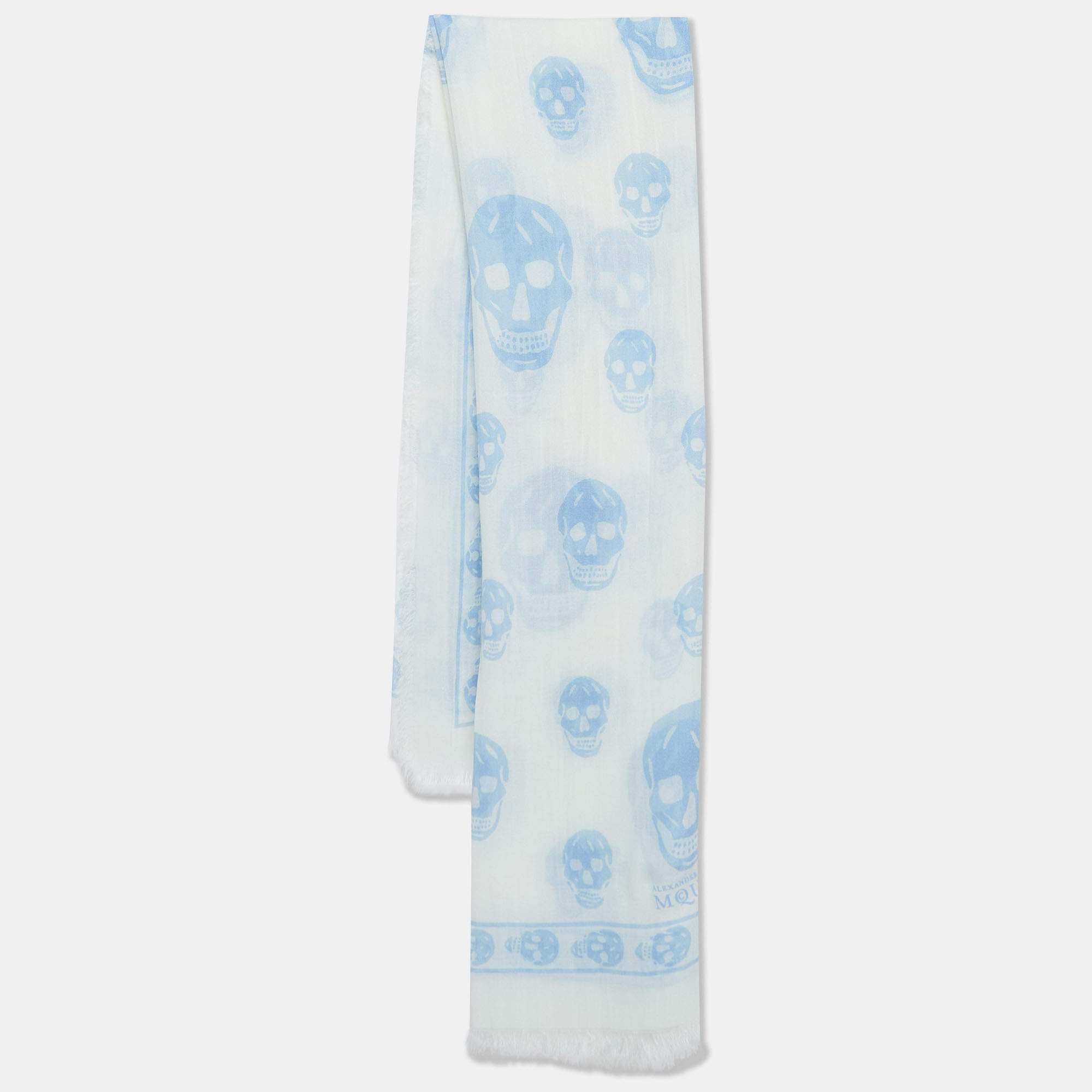 Alexander McQueen White Skull Print Modal and Cashmere Fringed Scarf