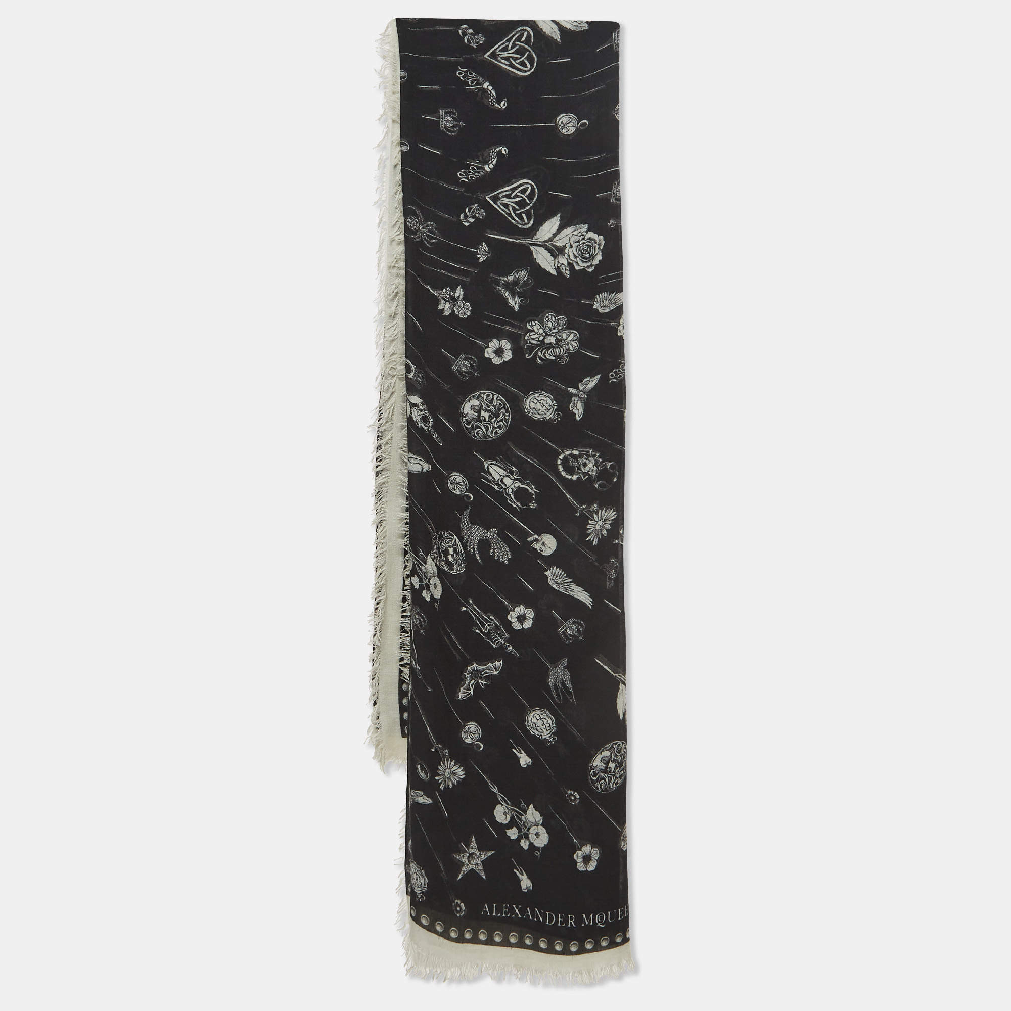 Alexander McQueen Black Butterfly Skull Print Modal and Wool Scarf