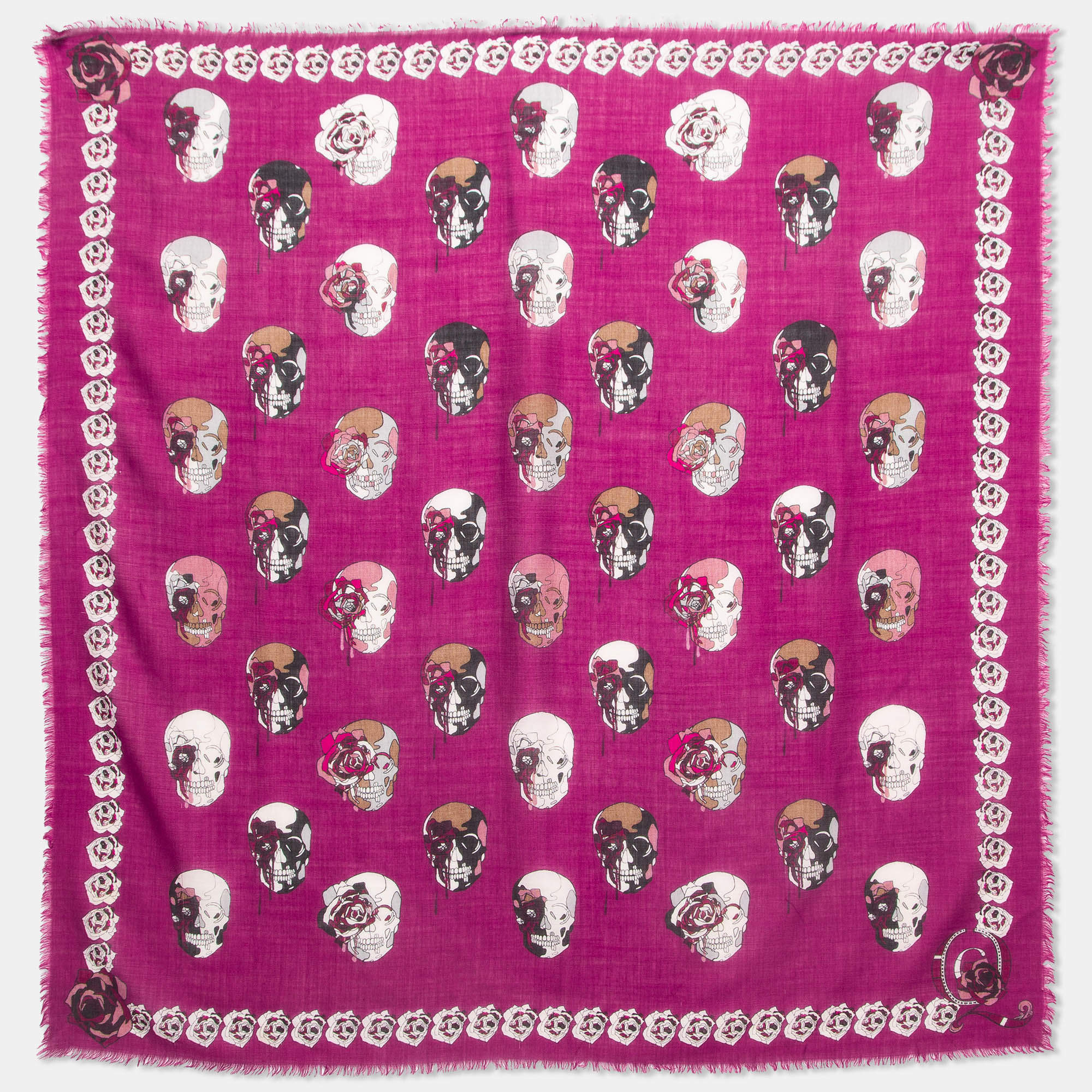 Alexander McQueen Purple Skull Print Wool Blend Fringed Scarf