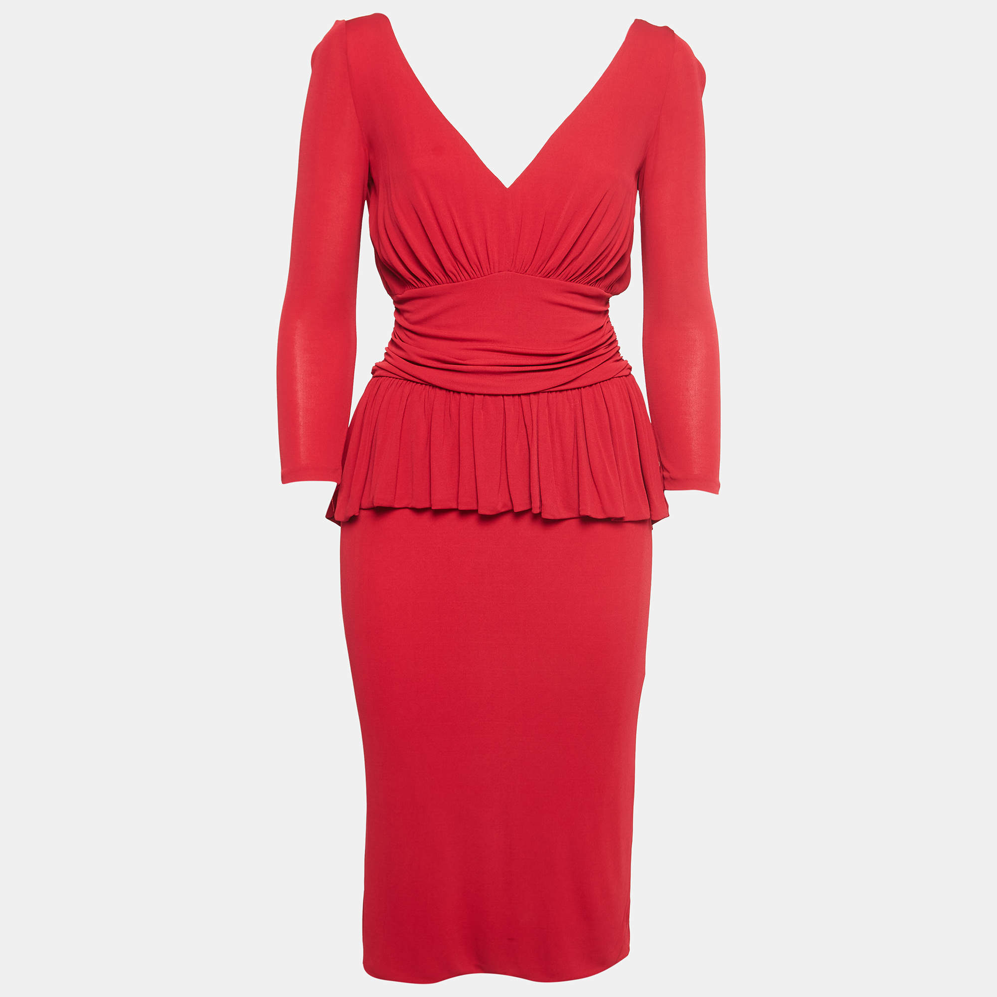 Pre Owned Alexander McQueen Red Jersey Ruched Midi Dress M