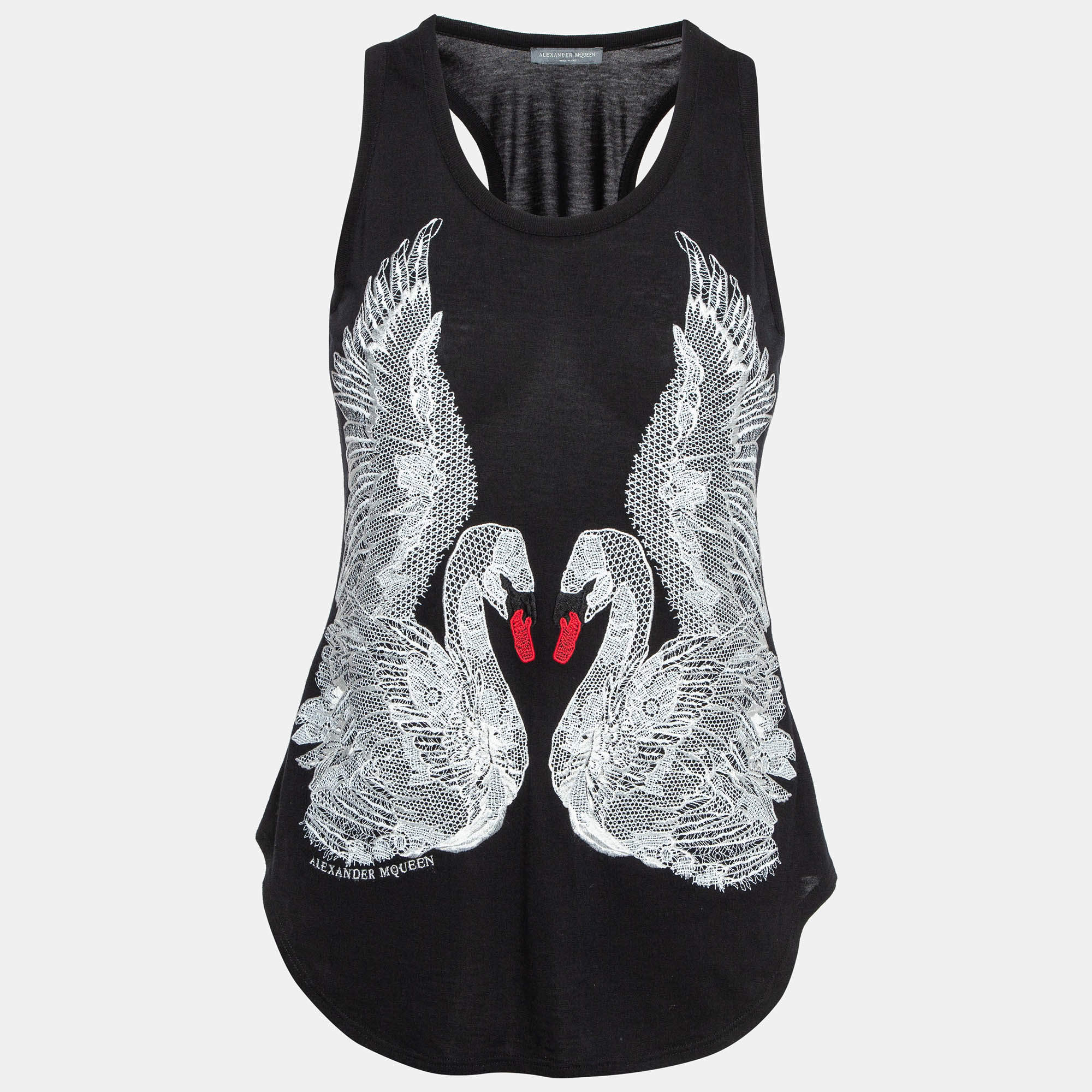Pre Owned Alexander McQueen Black Swan Embroidered Cotton Tank Top S