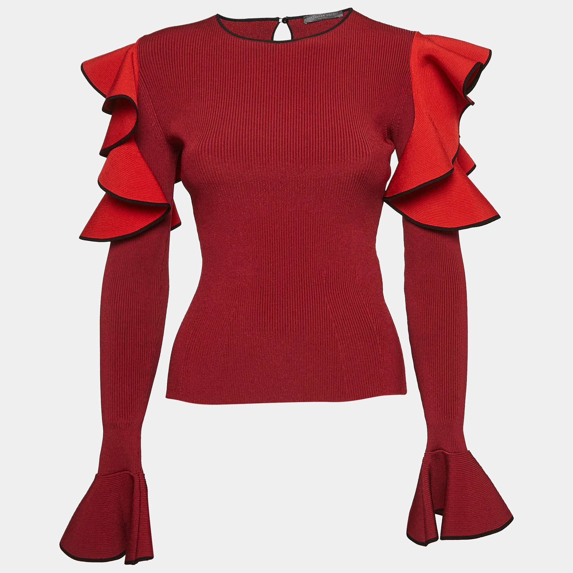 Pre Owned Alexander McQueen Red Rib Knit Ruffled Top S