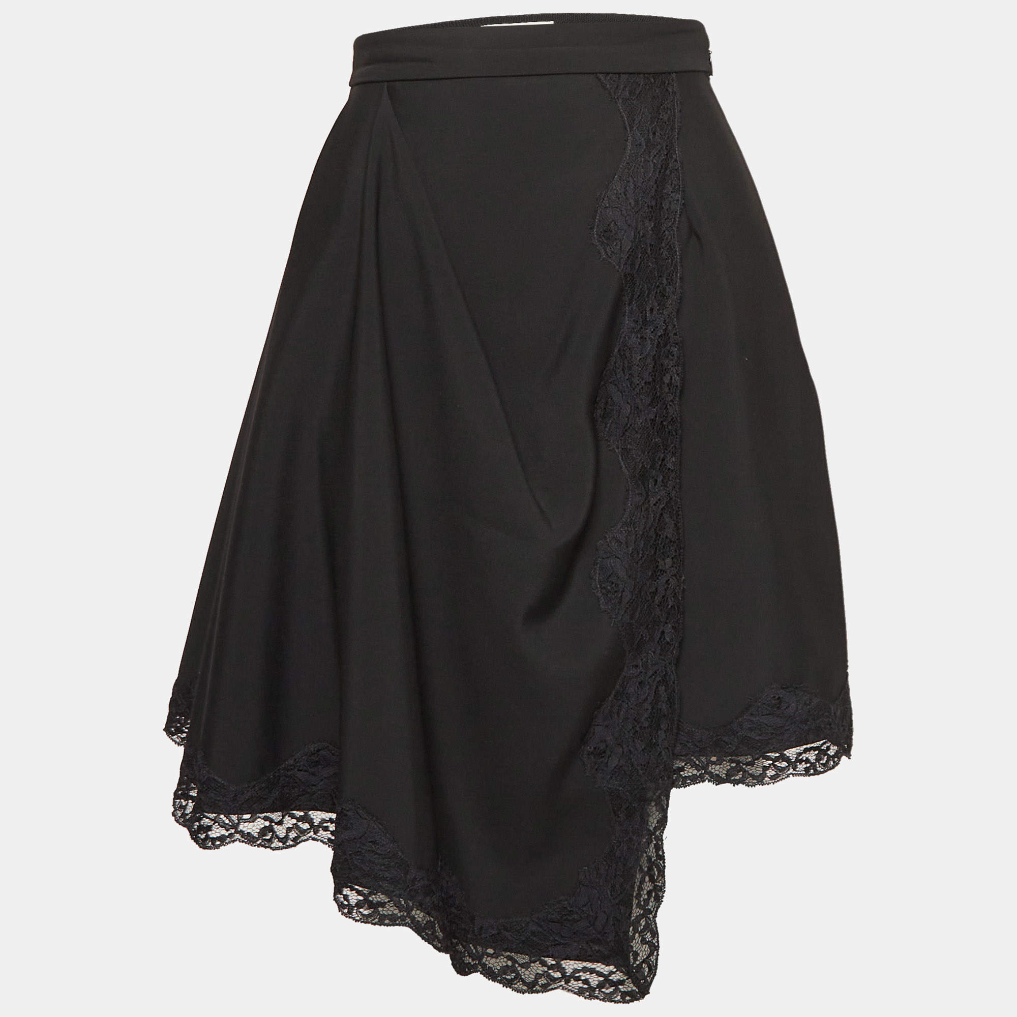 Alexander McQueen Black Lace Trim Wool Asymmetric Skirt S