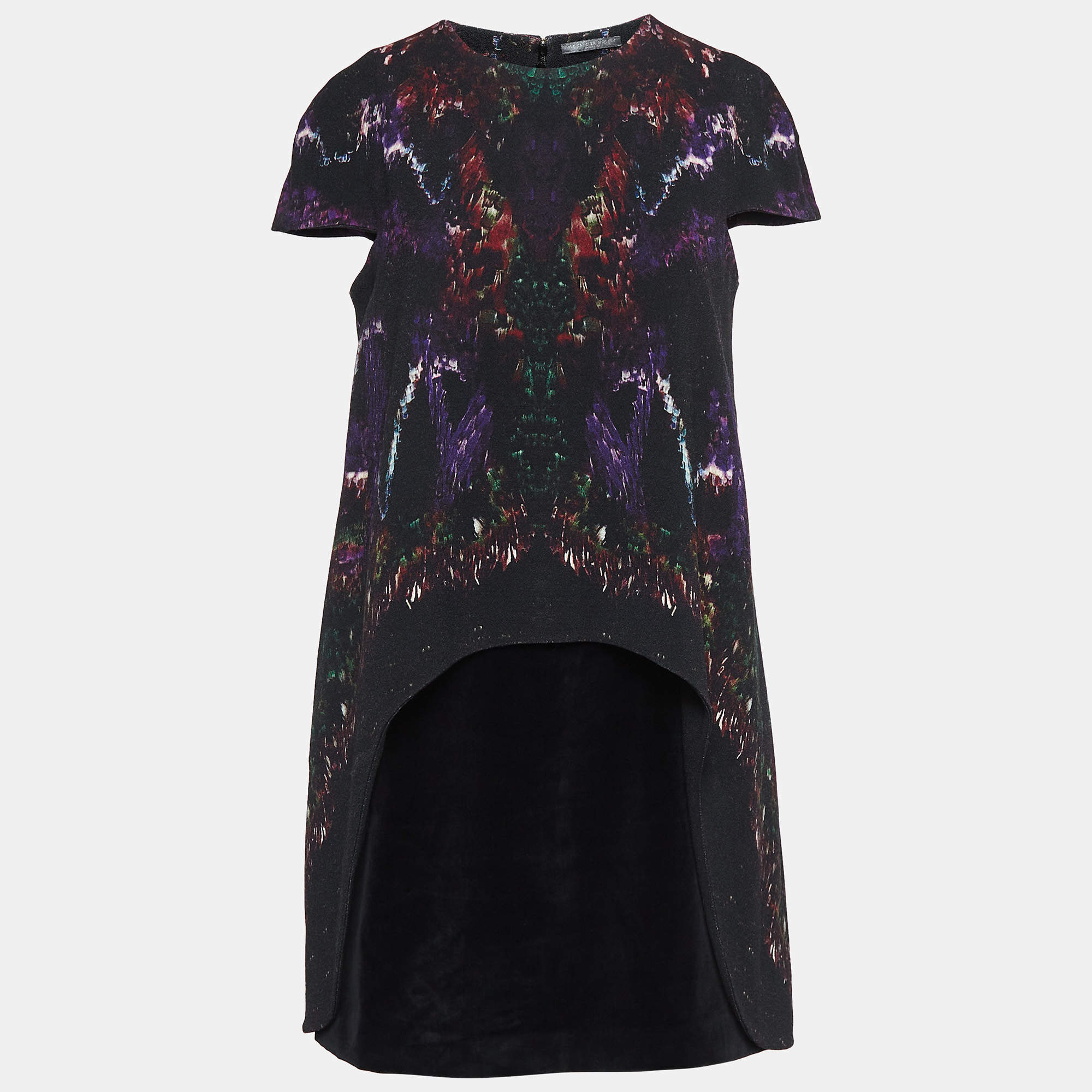 Pre Owned Alexander McQueen Black Printed Velvet and Wool Mini Dress M
