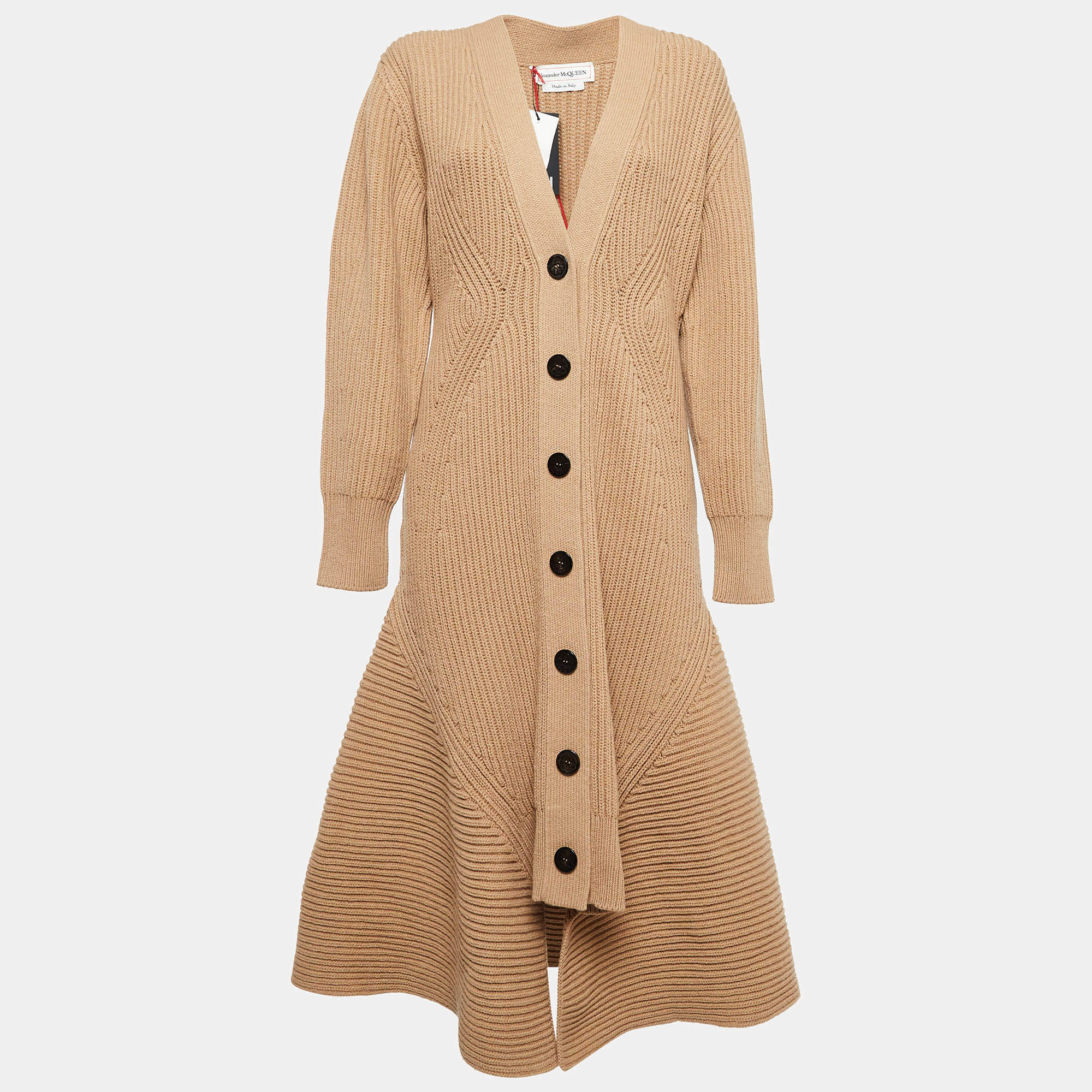 Pre Owned Alexander McQueen Brown Wool Blend Rib Knit Midi Dress L