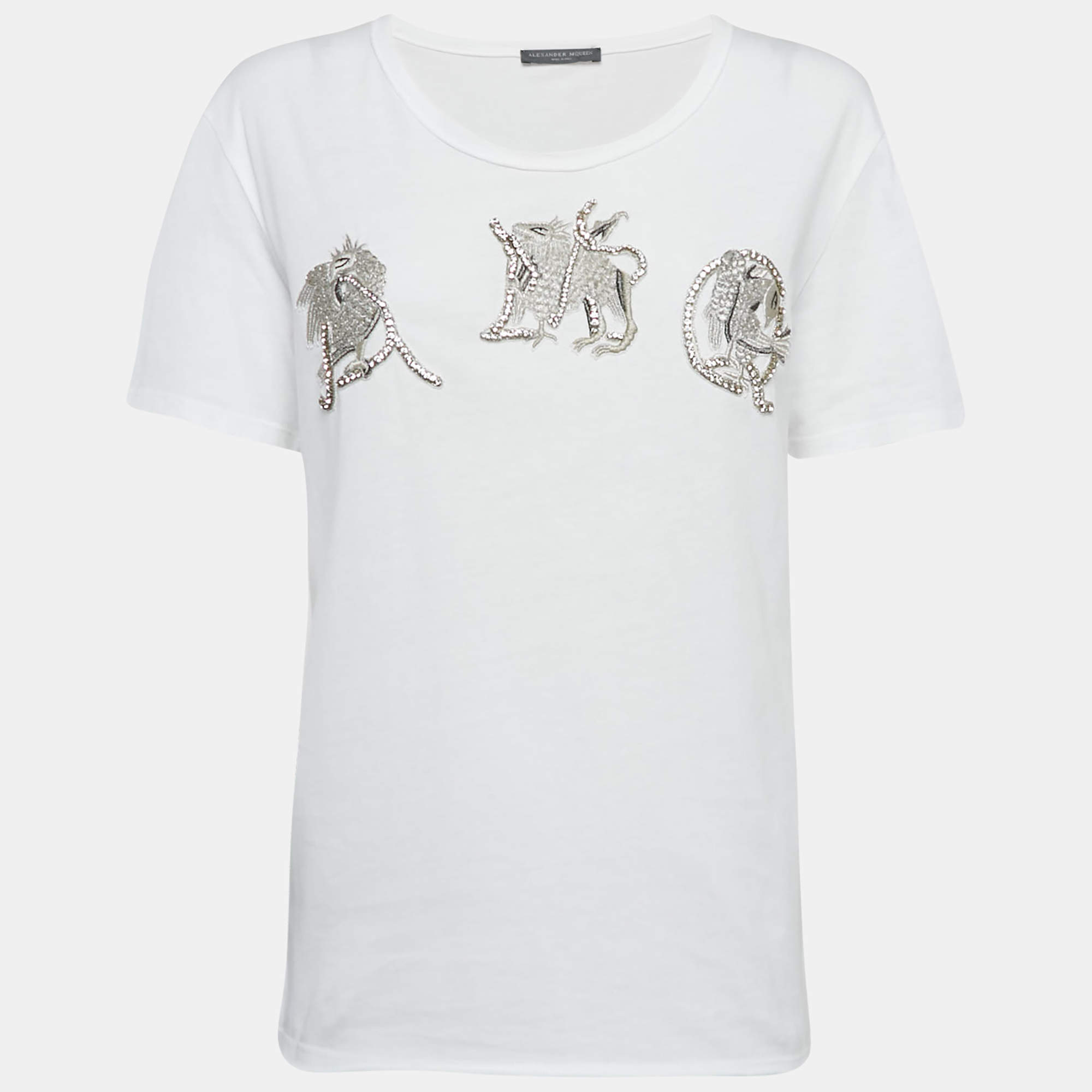 Pre Owned Alexander McQueen White Embellished Cotton T-Shirt M