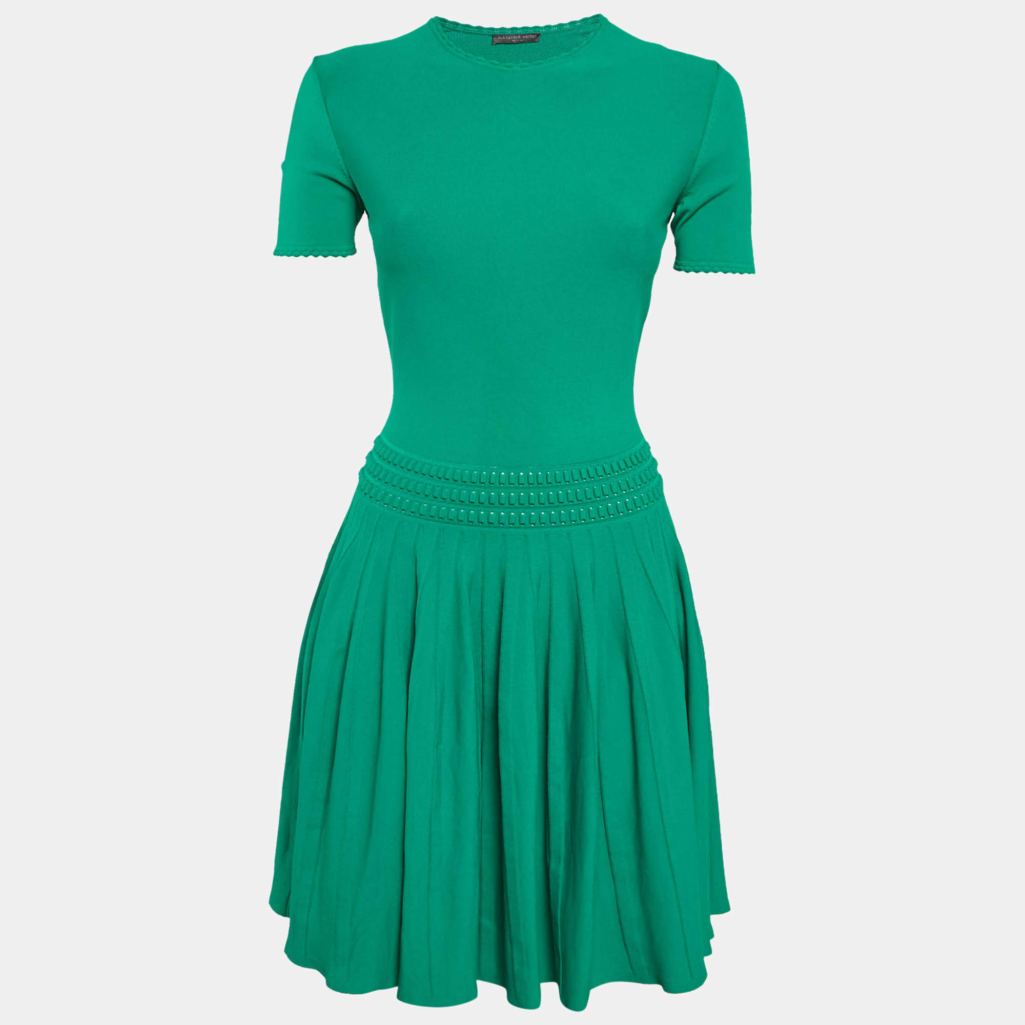 Pre Owned Alexander McQueen Green Jersey Pleated Mini Dress M