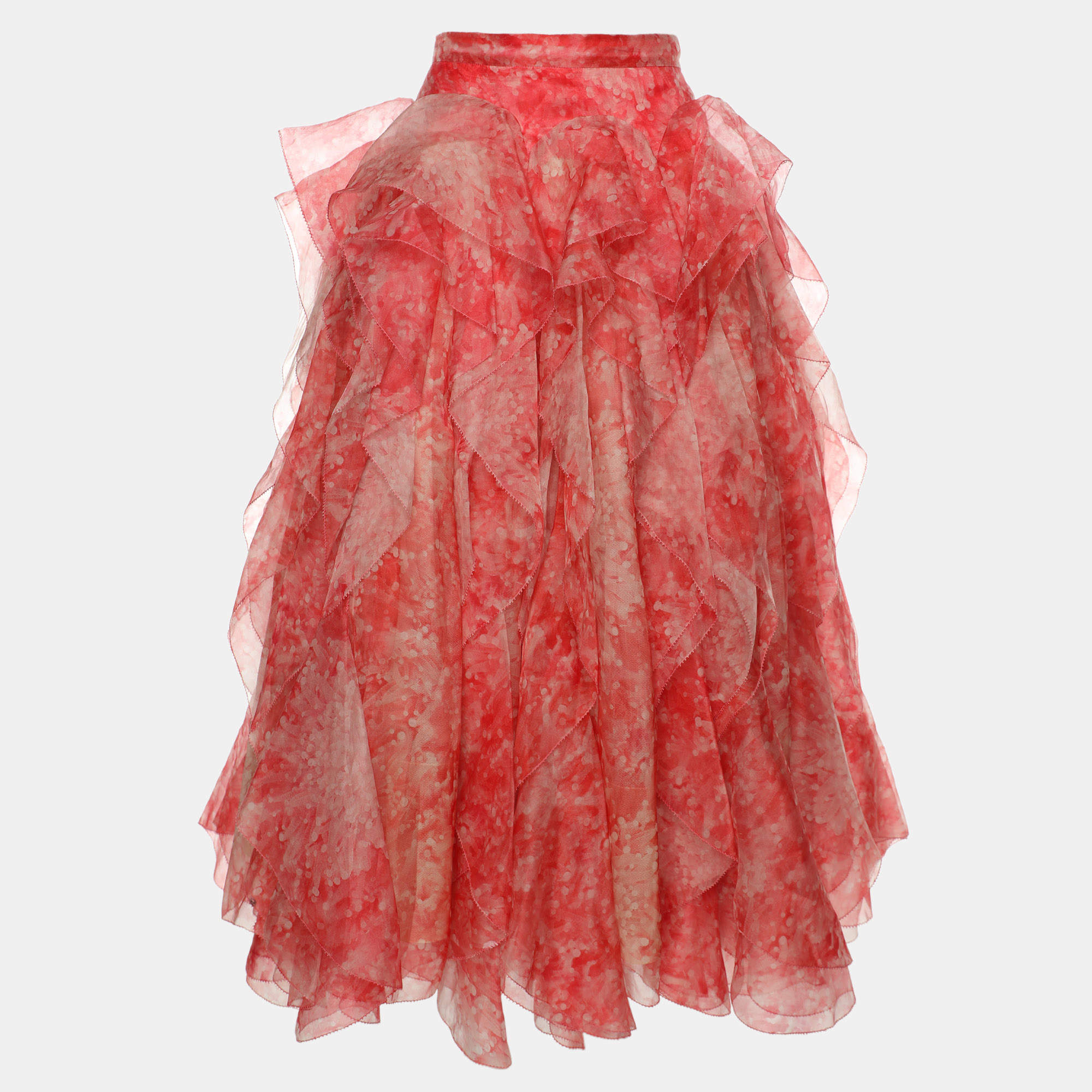 Pre Owned Alexander McQueen Coral-Print Draped Ruffle Midi Skirt