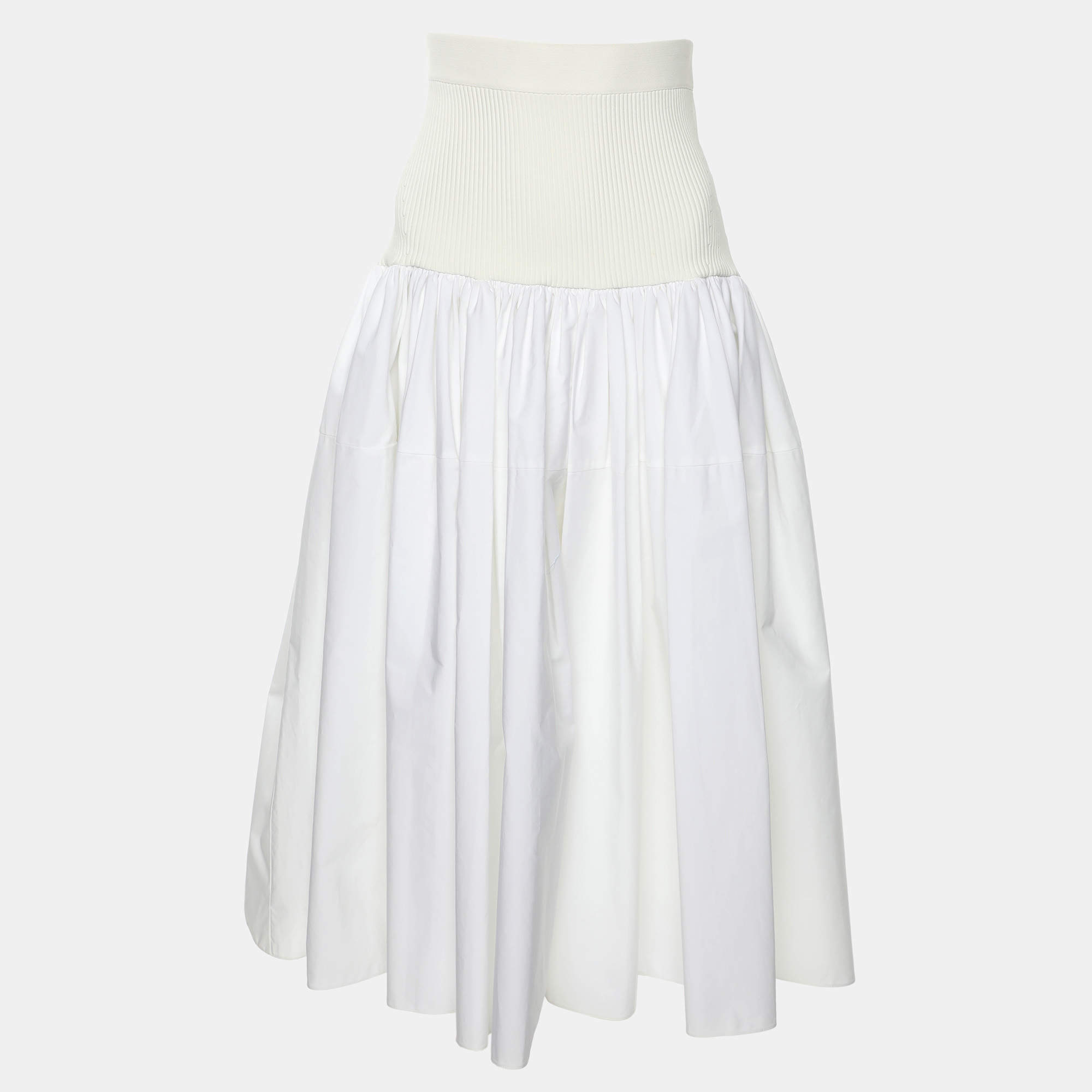 Alexander McQueen White Cotton Drop Yoke Mixed Media Midi Skirt S