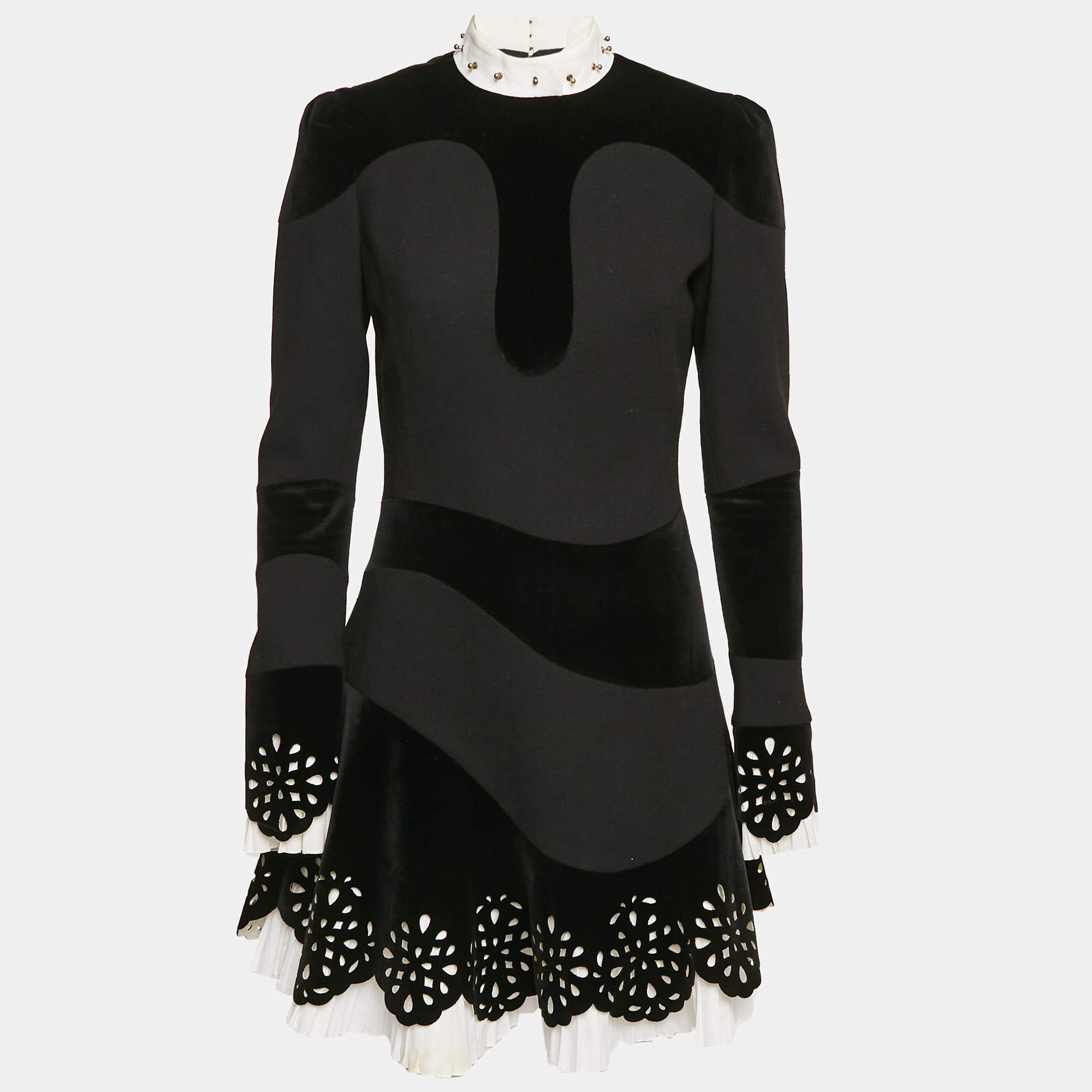 Pre Owned Alexander McQueen Black Crepe and Velvet Cut-Out Detail Mini Dress S