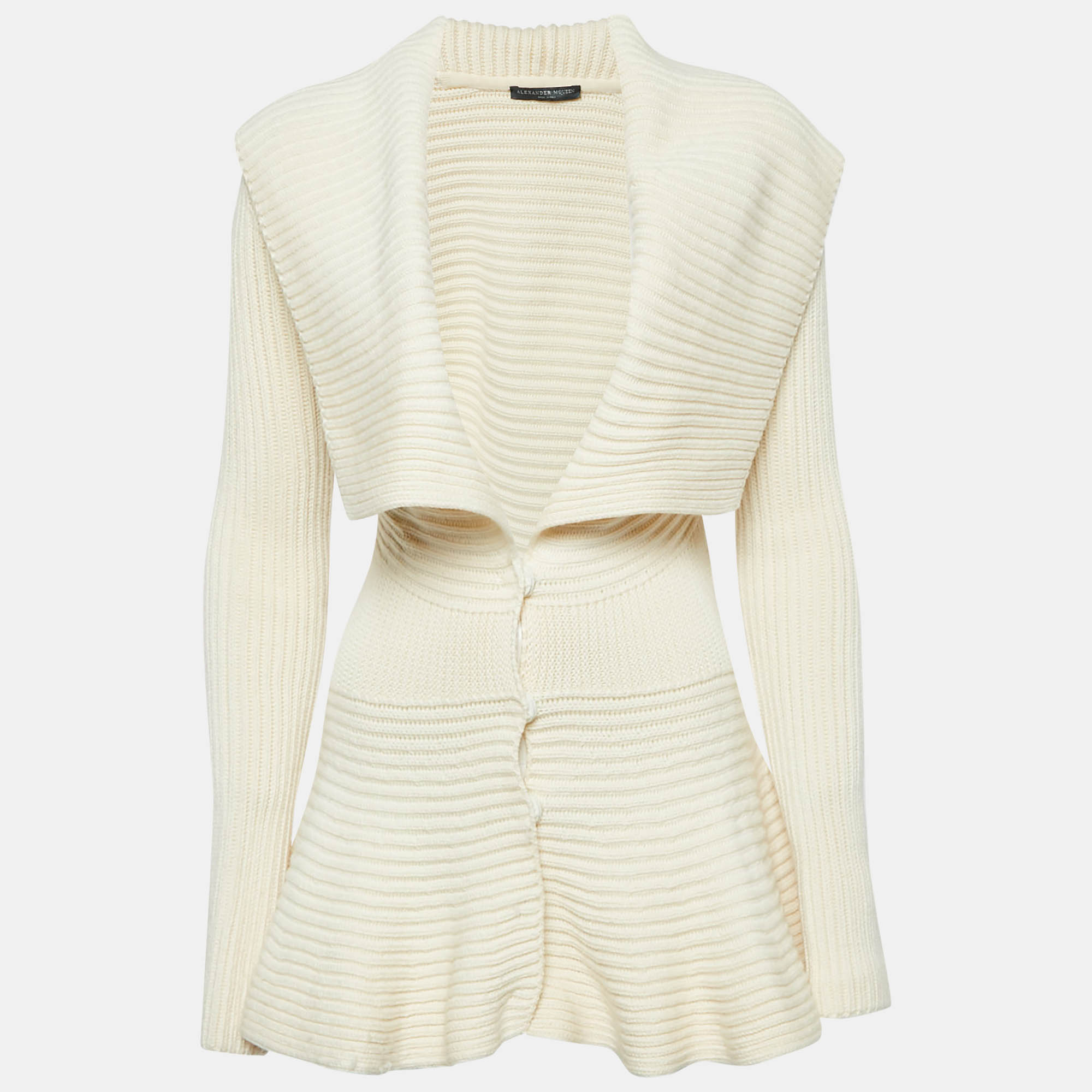 Pre Owned Alexander McQueen Beige Rib Knit Peplum Cardigan S