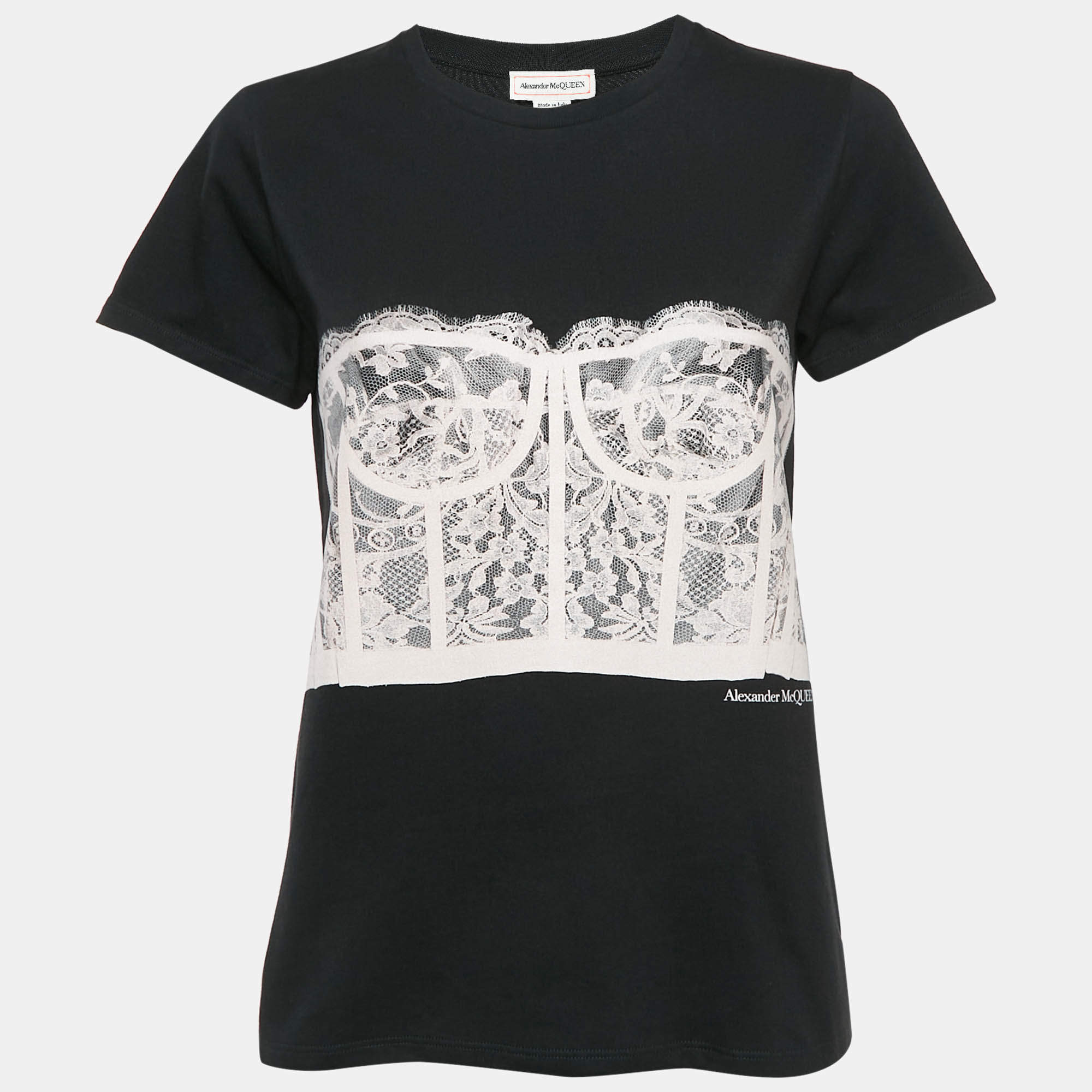 Pre Owned Alexander McQueen Black Corset Print Cotton T-Shirt S