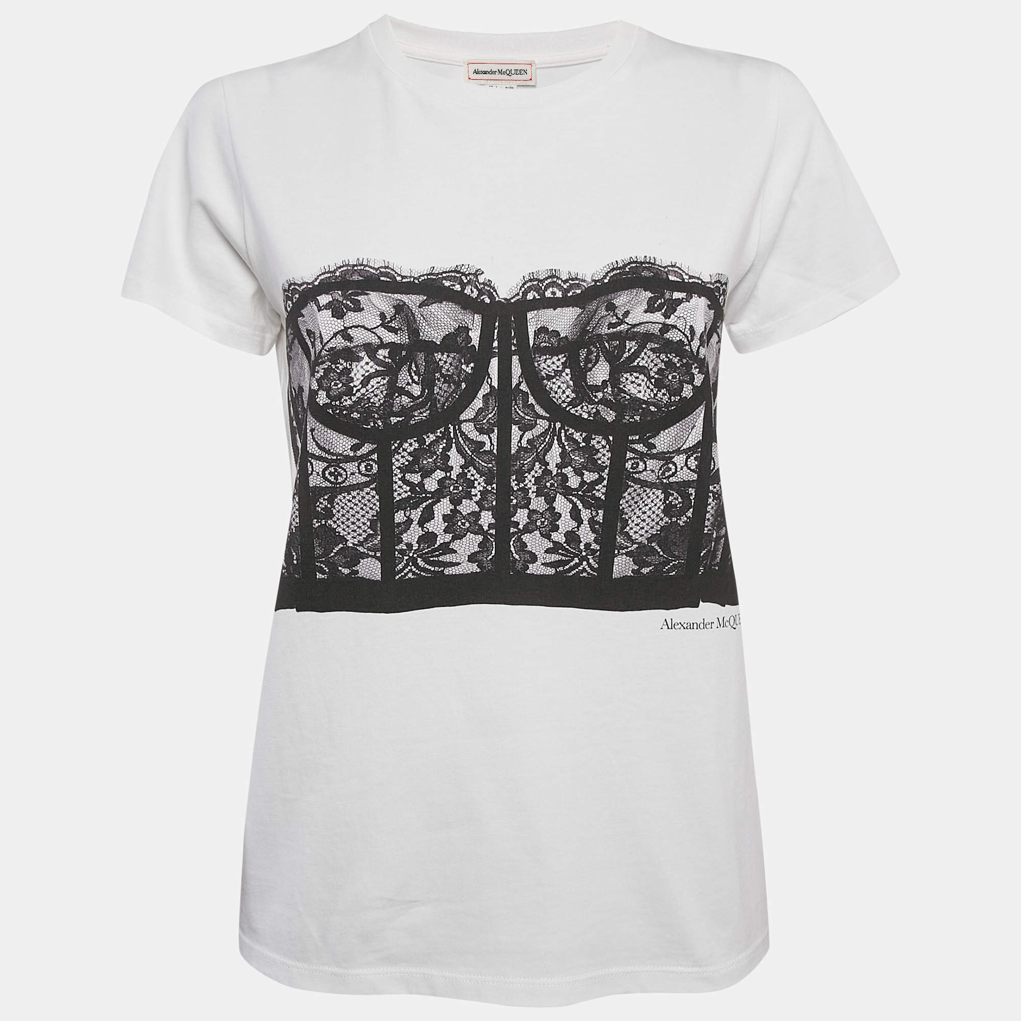 Pre Owned Alexander McQueen White Corset Print Cotton T-Shirt S