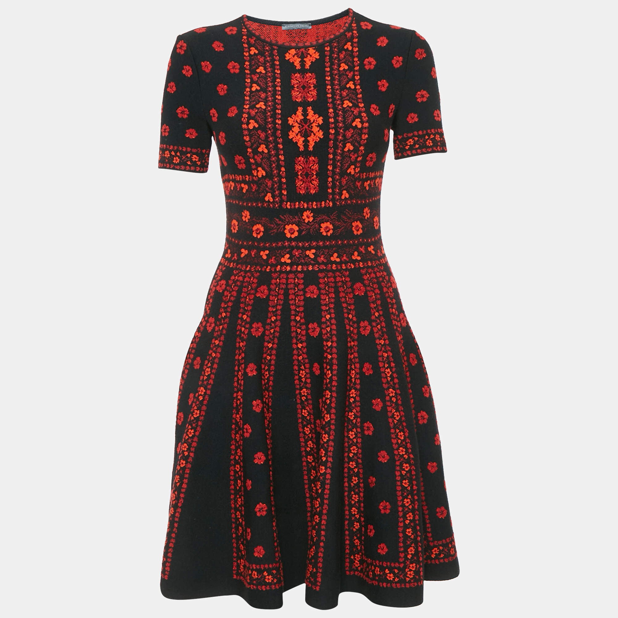 Pre Owned Alexander McQueen Black Floral Jacquard Knit Flared Short Dress M