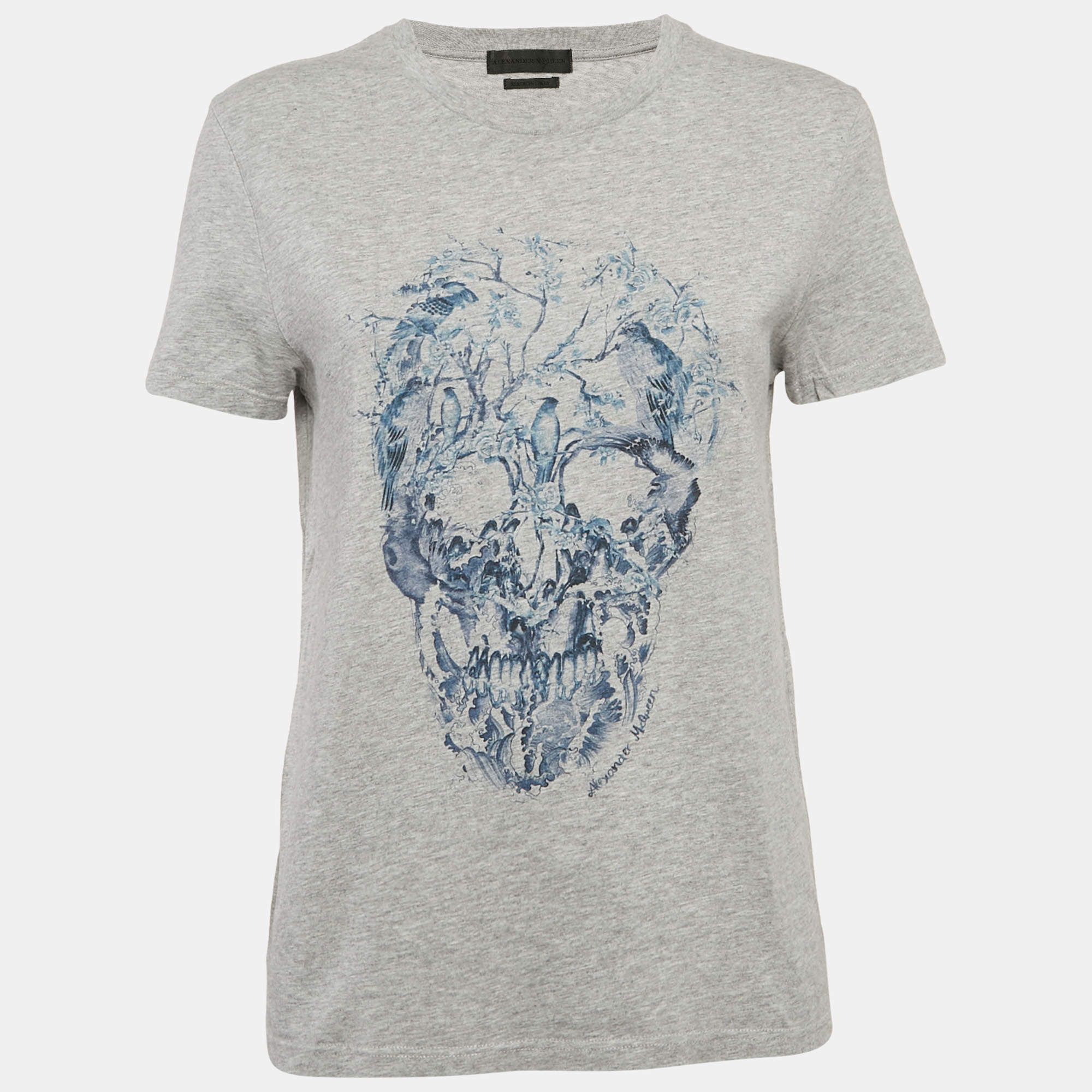Alexander McQueen Grey Cotton Skull Print Crew Neck T-Shirt XS