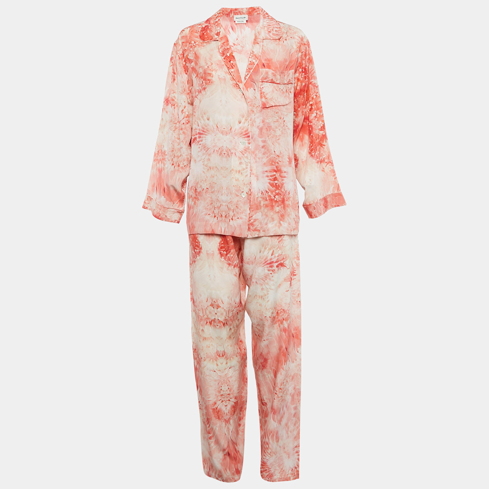 Pre Owned Alexander McQueen Pink Floral Print Silk Pyjama Shirt and Pants Set M