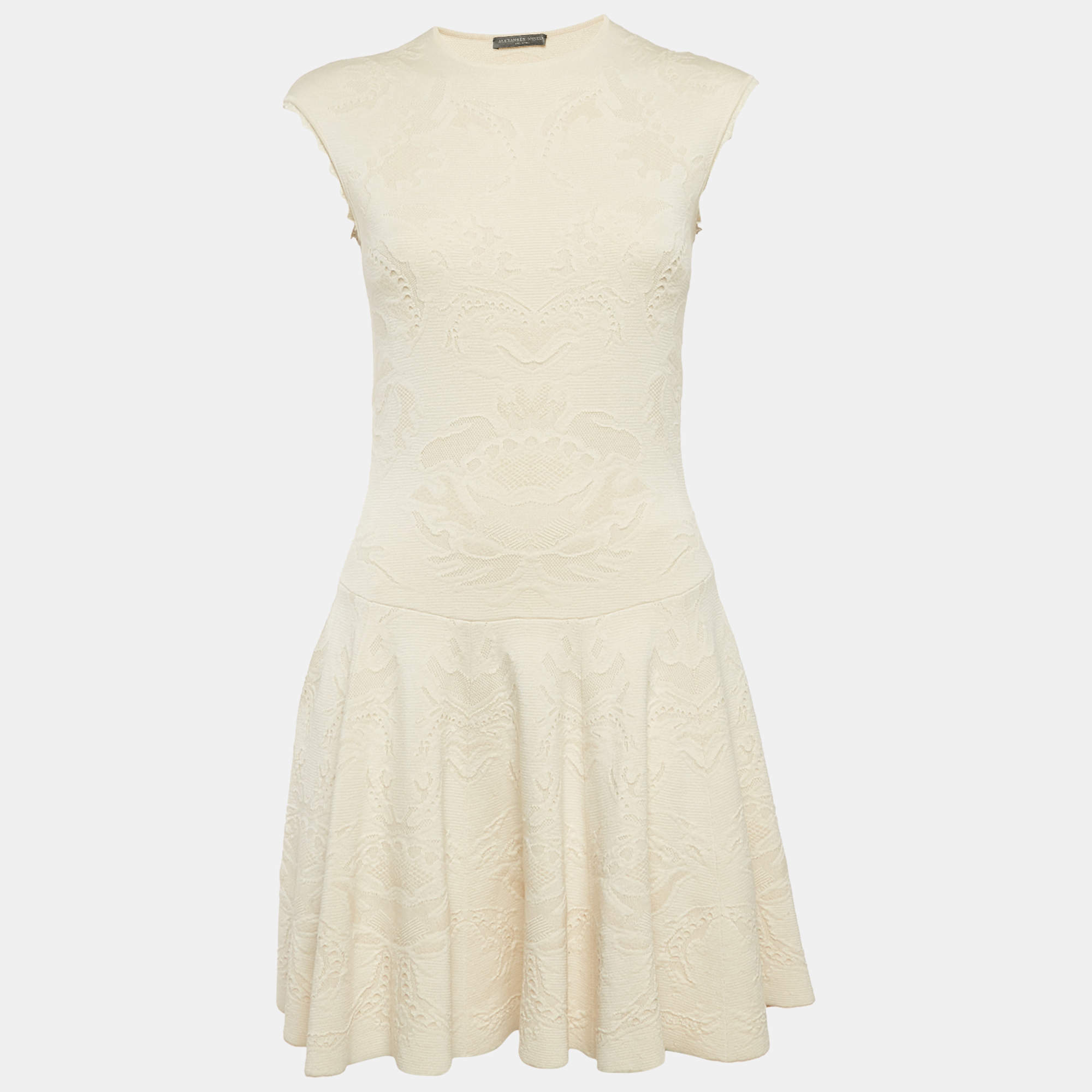 Pre Owned Alexander McQueen Cream Jacquard Stretch Knit Sleeveless Mini Dress M