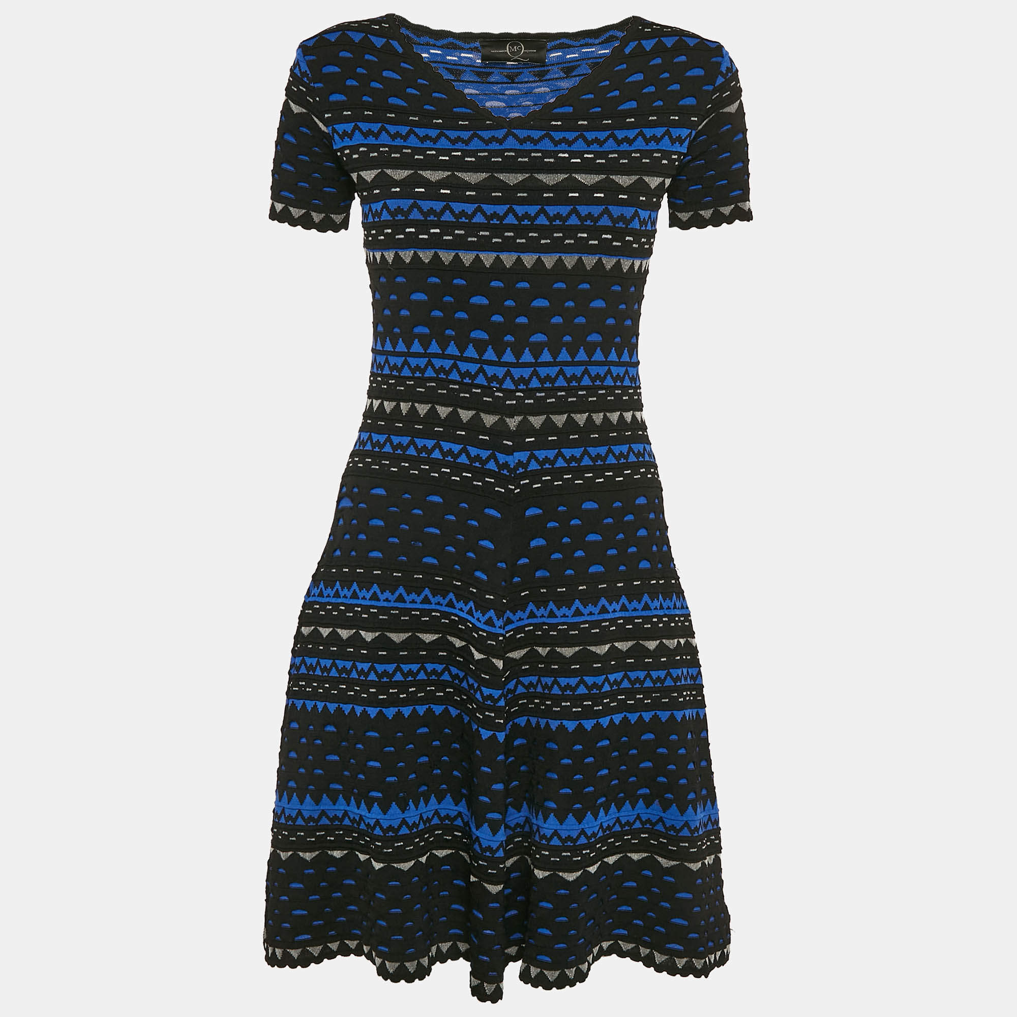 Pre Owned Alexander McQueen Black/Blue Patterned Stipe Knit Short Dress S
