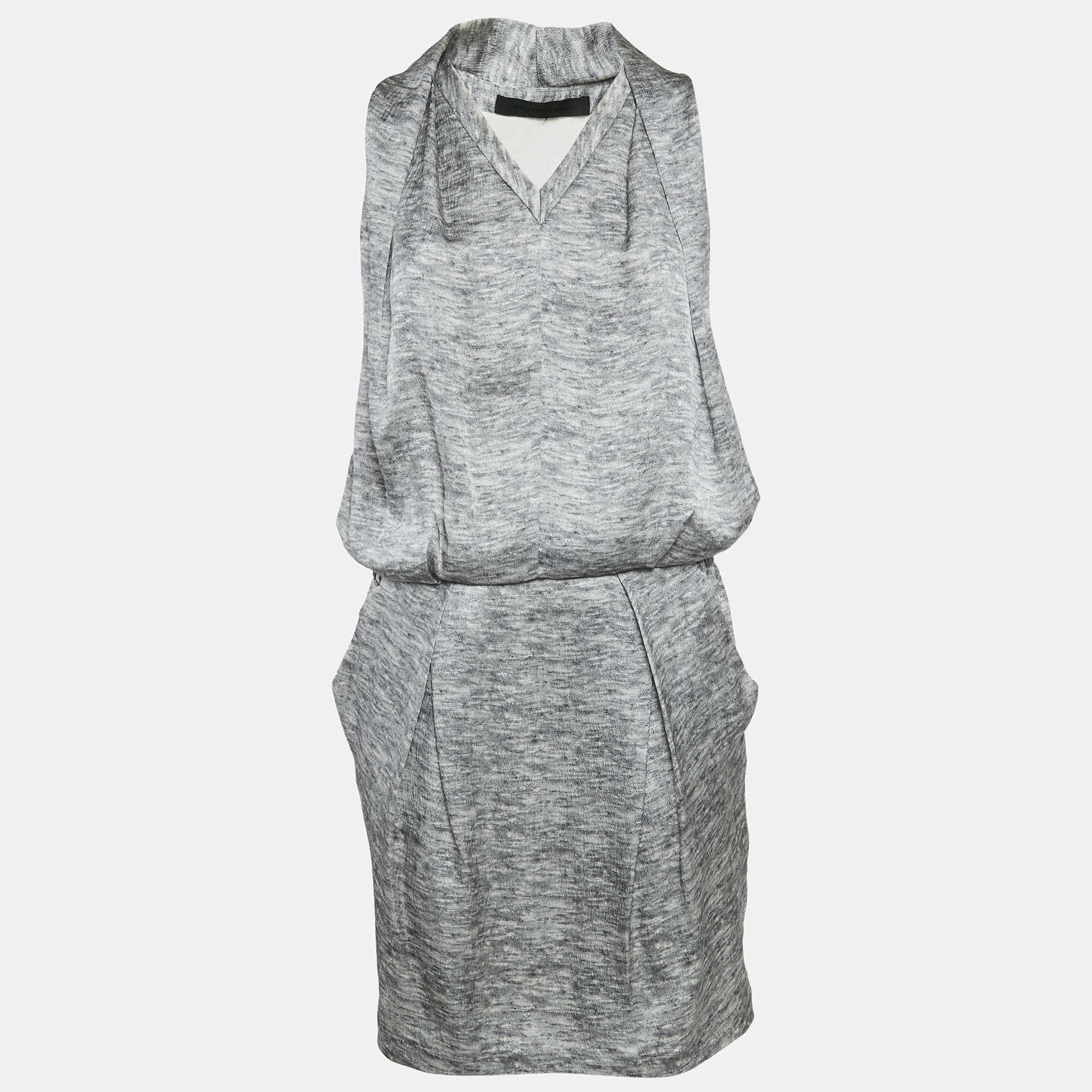 Alexander McQueen Grey Silk V-Neck Sleeveless Short Dress M