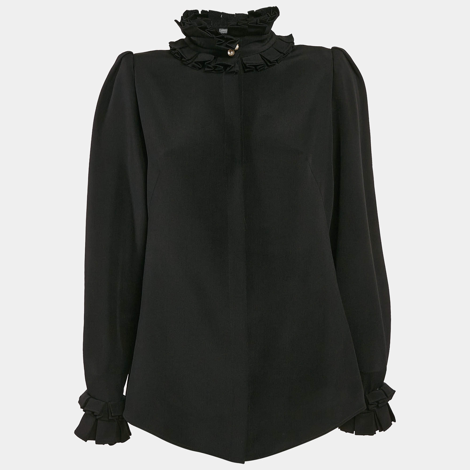 Pre Owned Alexander McQueen Black Silk Ruffled Button Front Blouse M