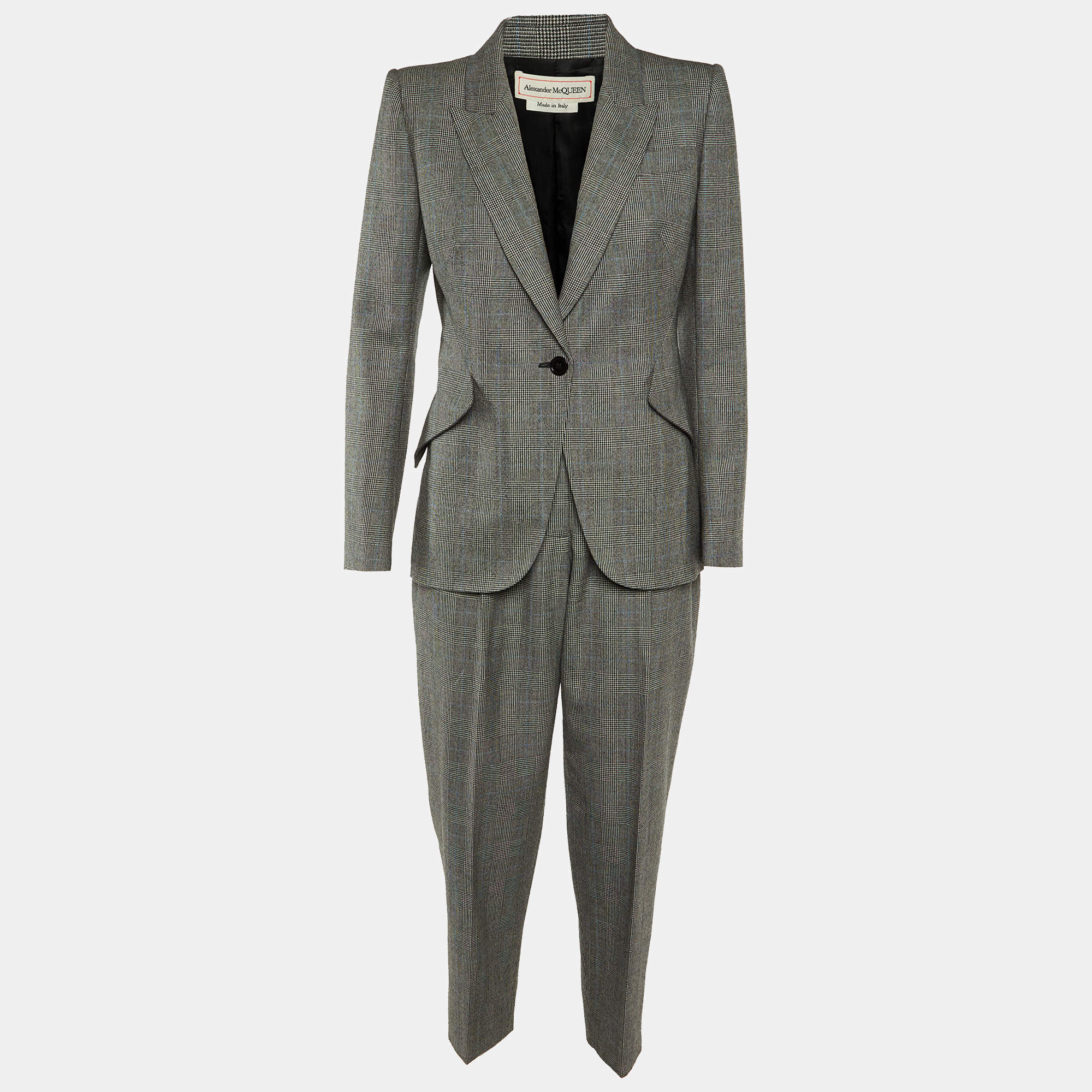 Alexander McQueen Grey Houndstooth Pattern Wool Pantsuit S/M