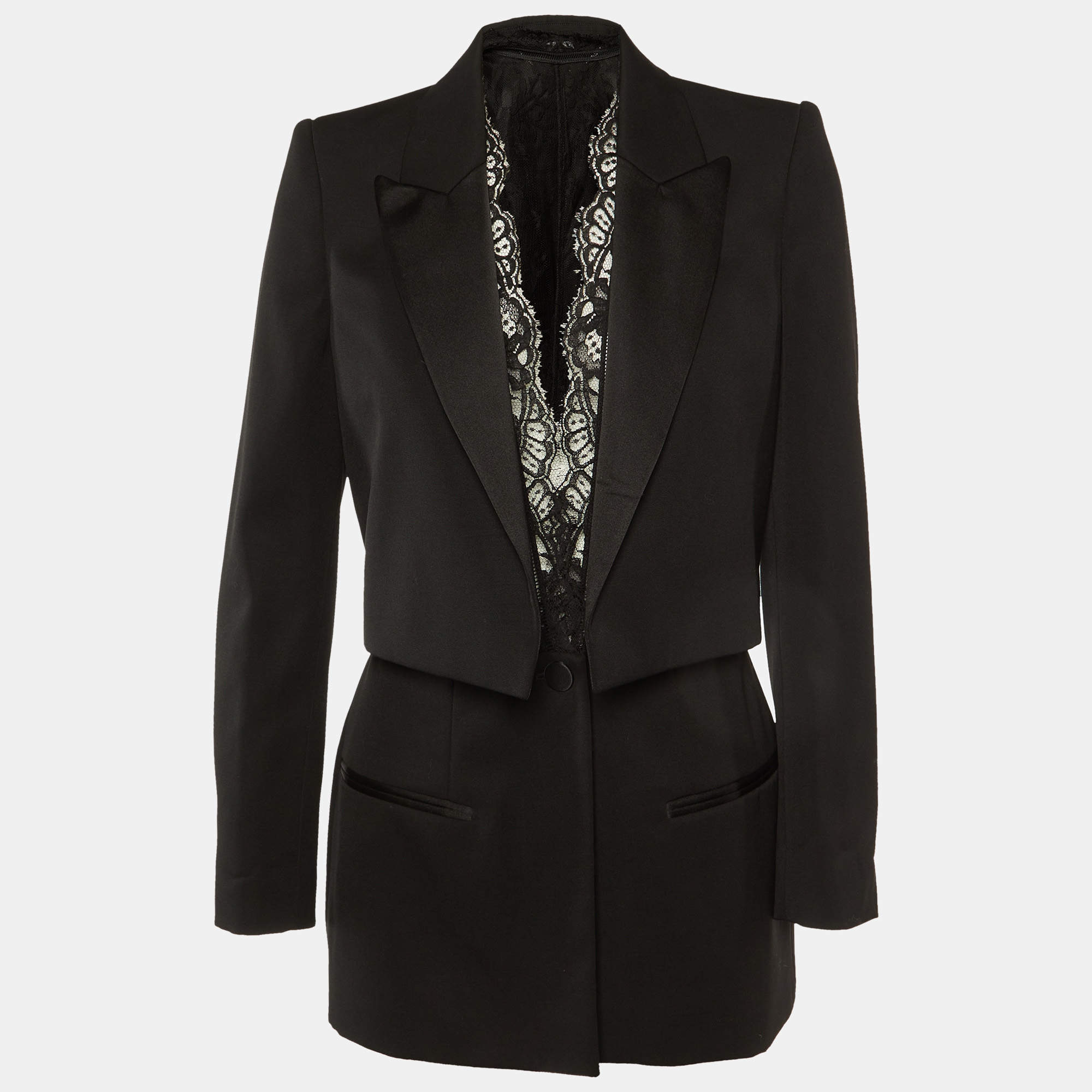 Pre Owned Alexander McQueen Black Wool & Lace Inset Cocktail Blazer M