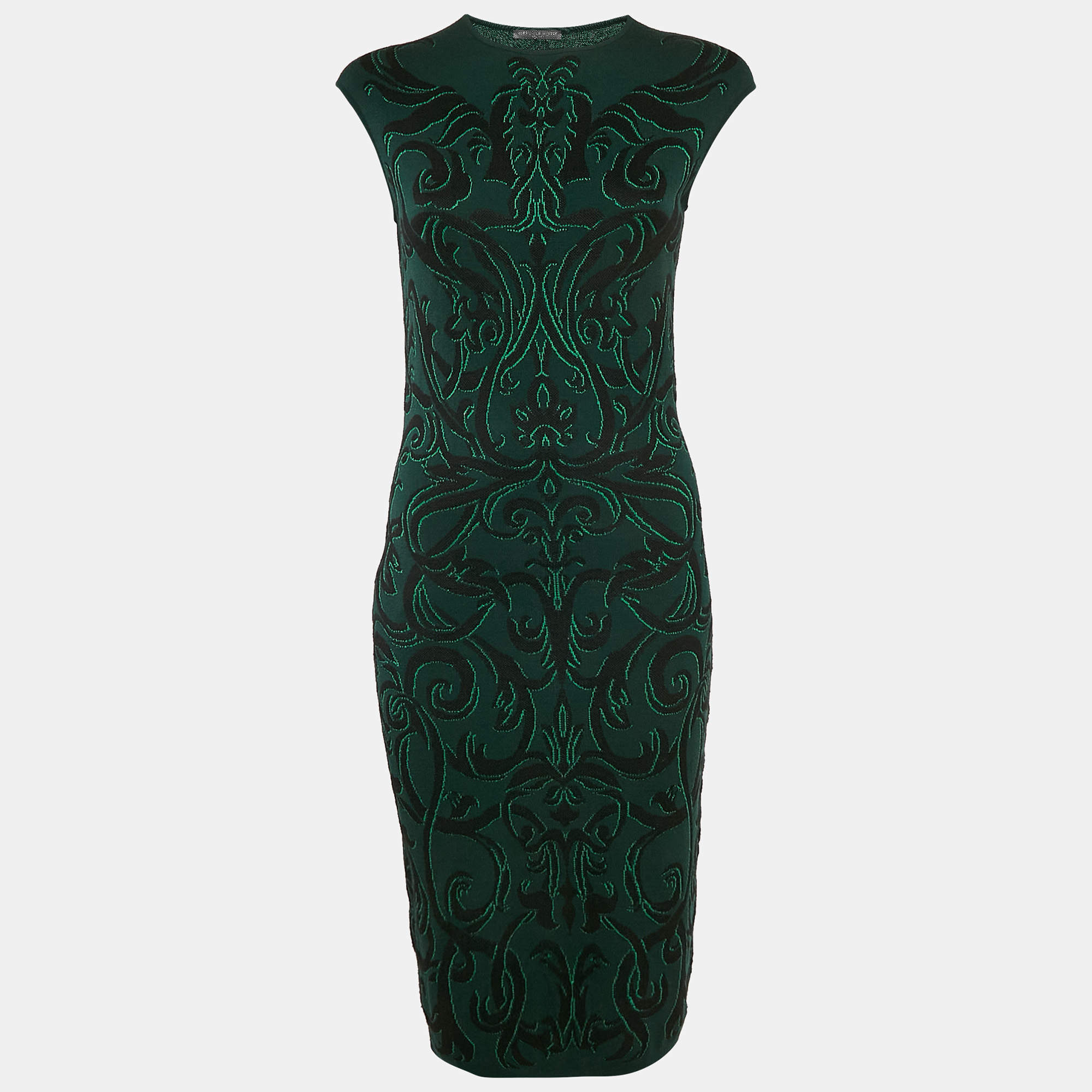 Alexander McQueen Green Wool Blend Jacquard Knit Sleeveless Midi Dress M