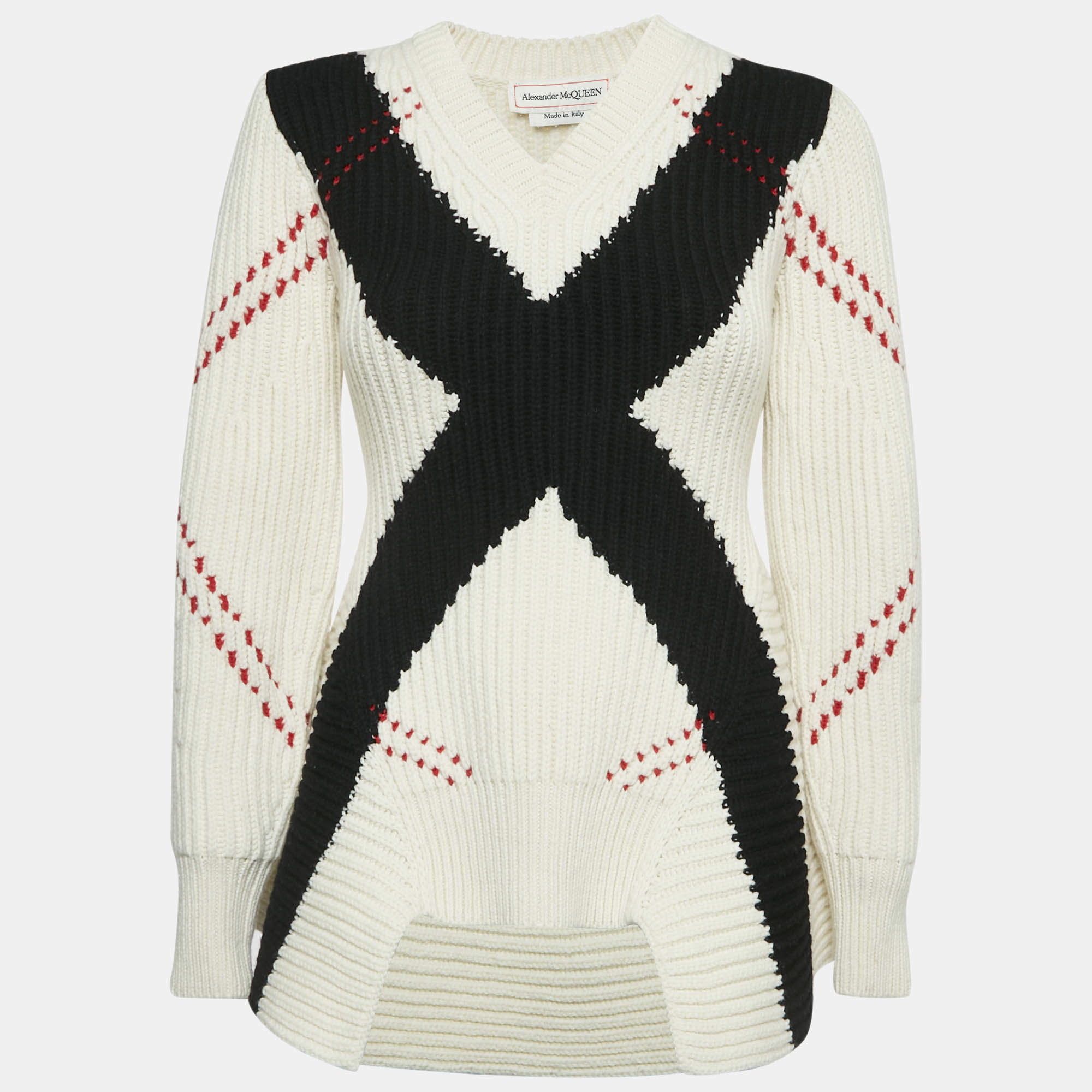 Alexander McQueen White Argyle Intarsia Rib Knit Sweater XXS