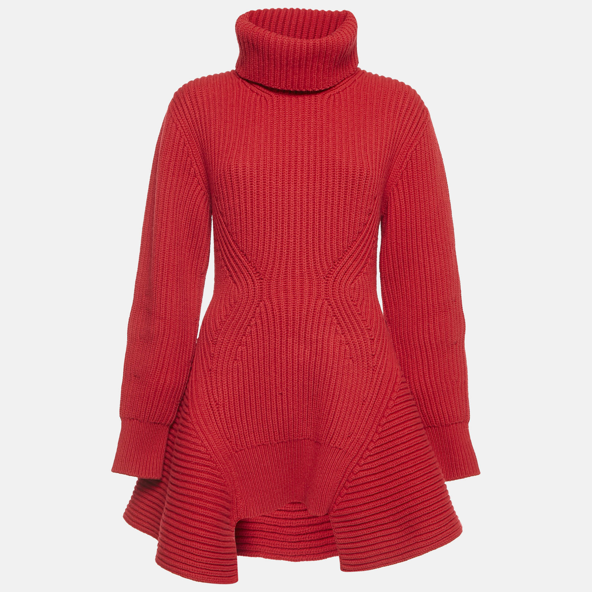 Alexander McQueen Red Wool Rib Knit Asymmetric Turtle Neck Sweater S