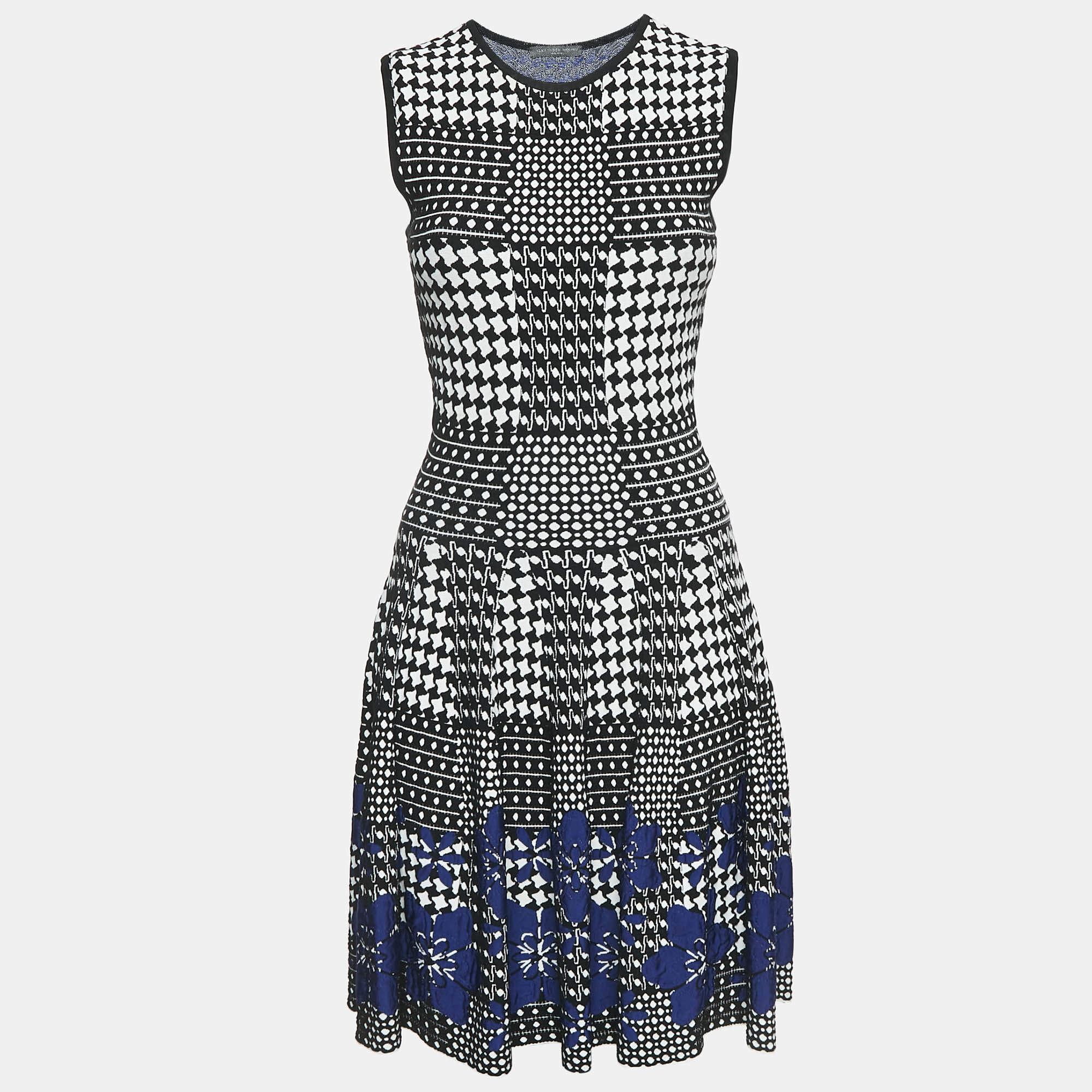 Alexander McQueen Black/Blue Patterned Stretch Knit Short Dress XS
