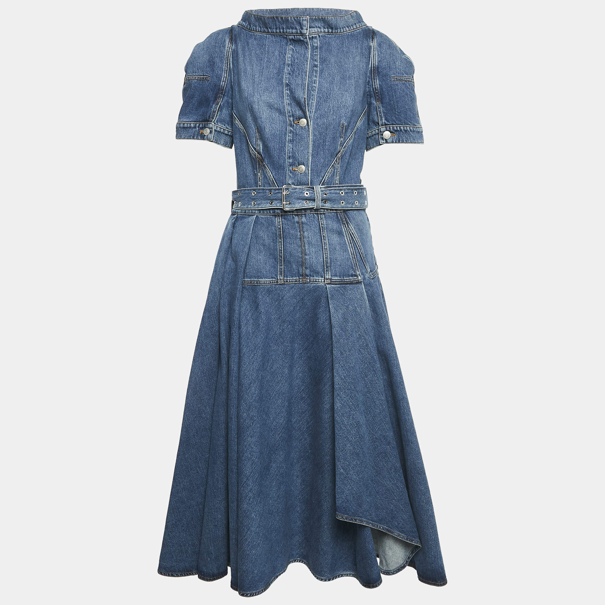 Alexander McQueen Blue Denim Puff Sleeve Flared Midi Dress M