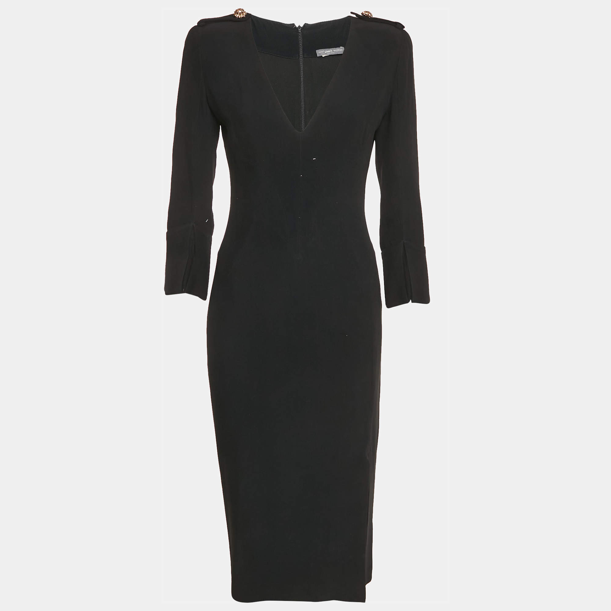 Alexander McQueen Black Crepe V-Neck Midi Dress S