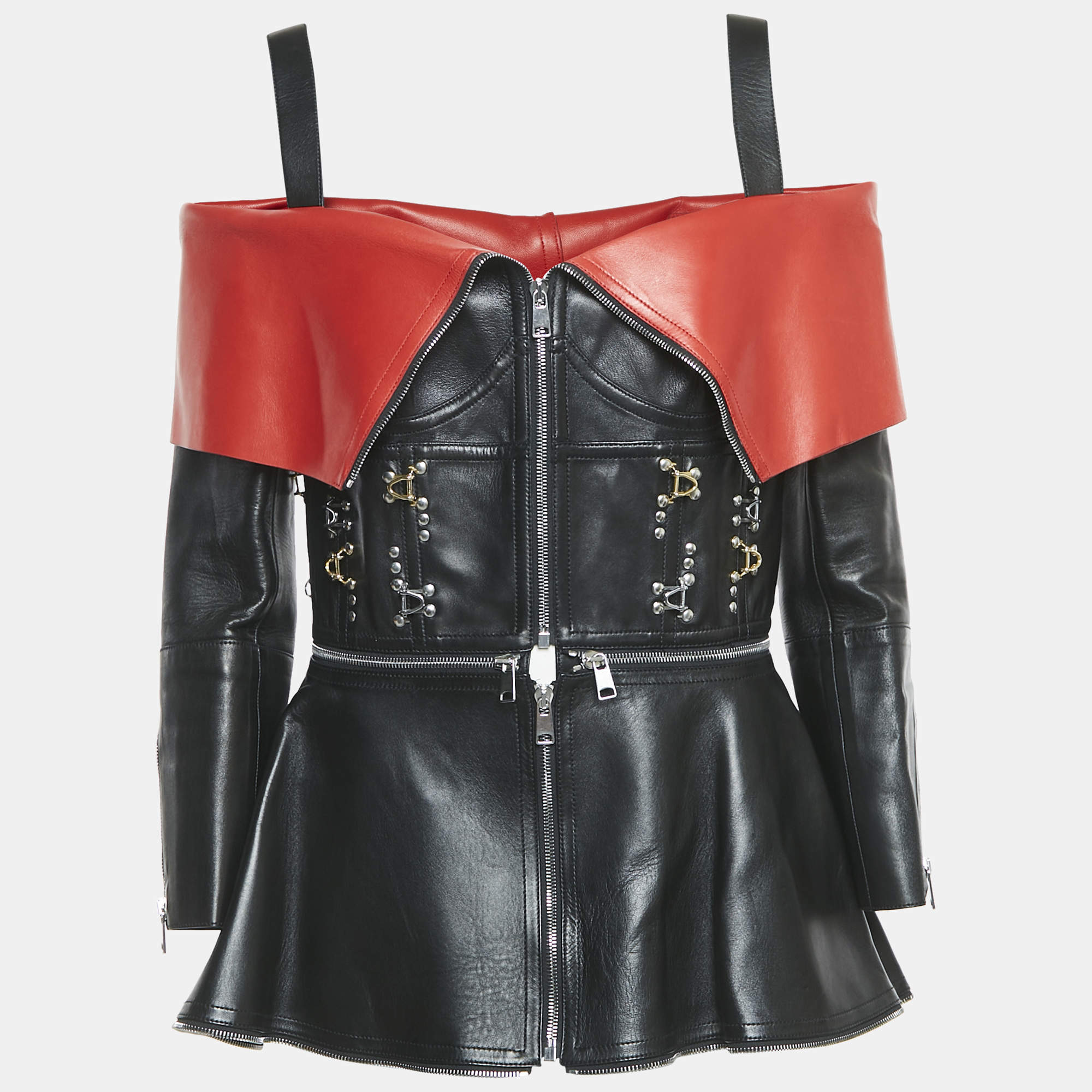 Alexander McQueen Black/Red Leather Zip Front Cold-Shoulder Top M